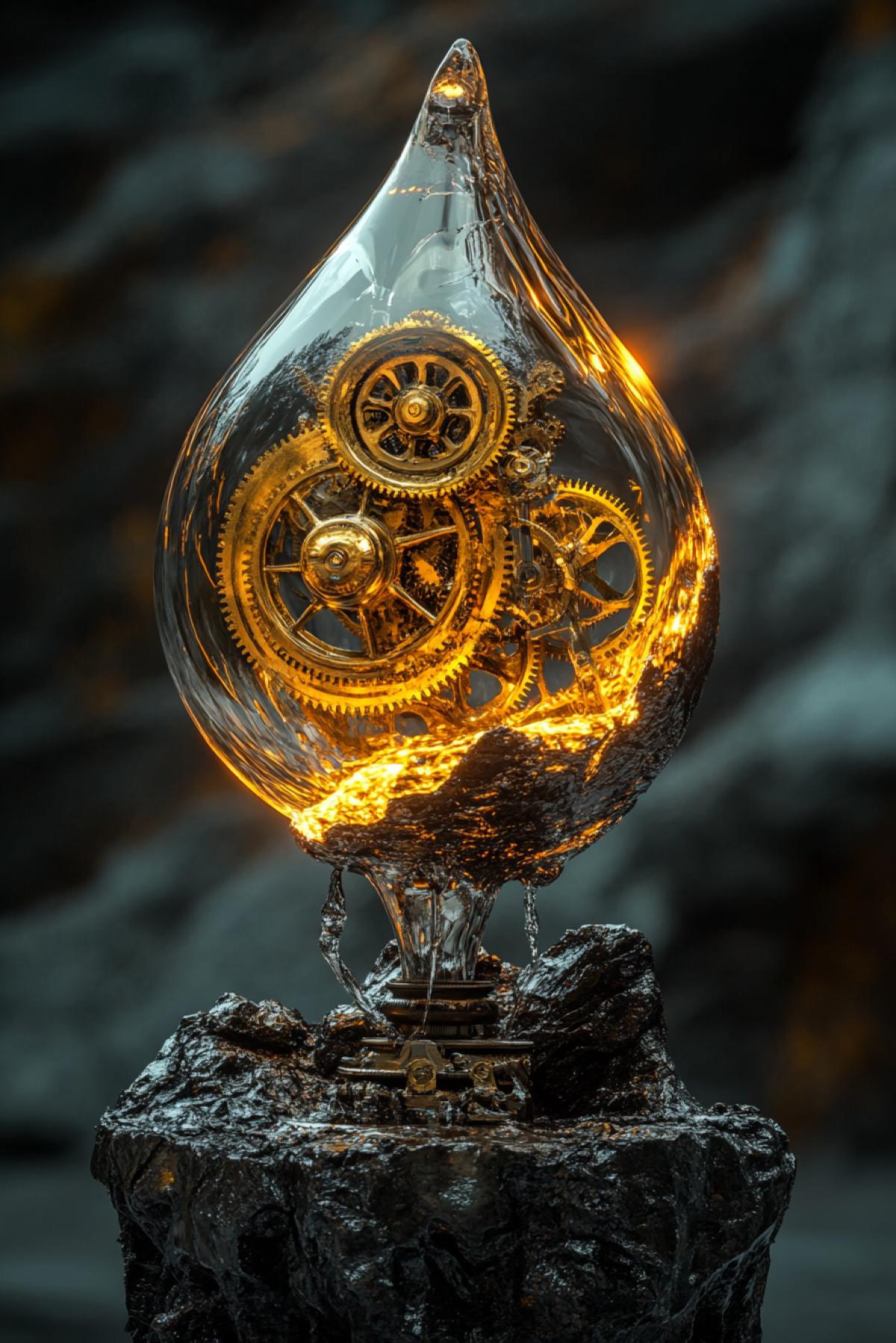a surreal statuette of a melting glass droplet encapsulating a miniature golden clockwork mechanism, suspended in mid-air on an obsidian pedestal, hyperrealistic reflections, intricate gears visible through the droplet, magical realism style, 8K detail, cinematic lighting