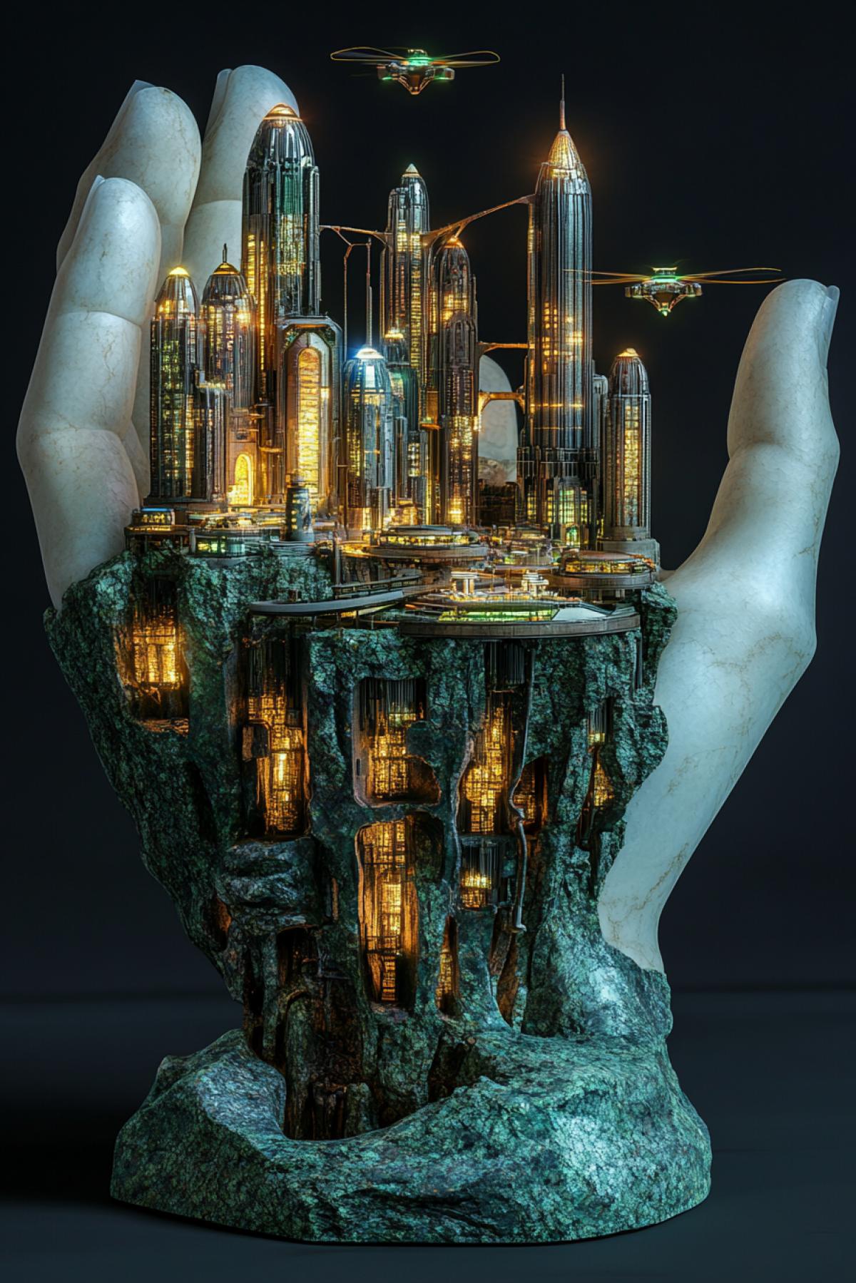 a unique figyellow water of a big stone hand emerging from a cracked marble base, holding a detailed miniature futuristic city with glowing buildings and hovering drones, bronze and jade materials, contrast lighting, ultra detail, dark background