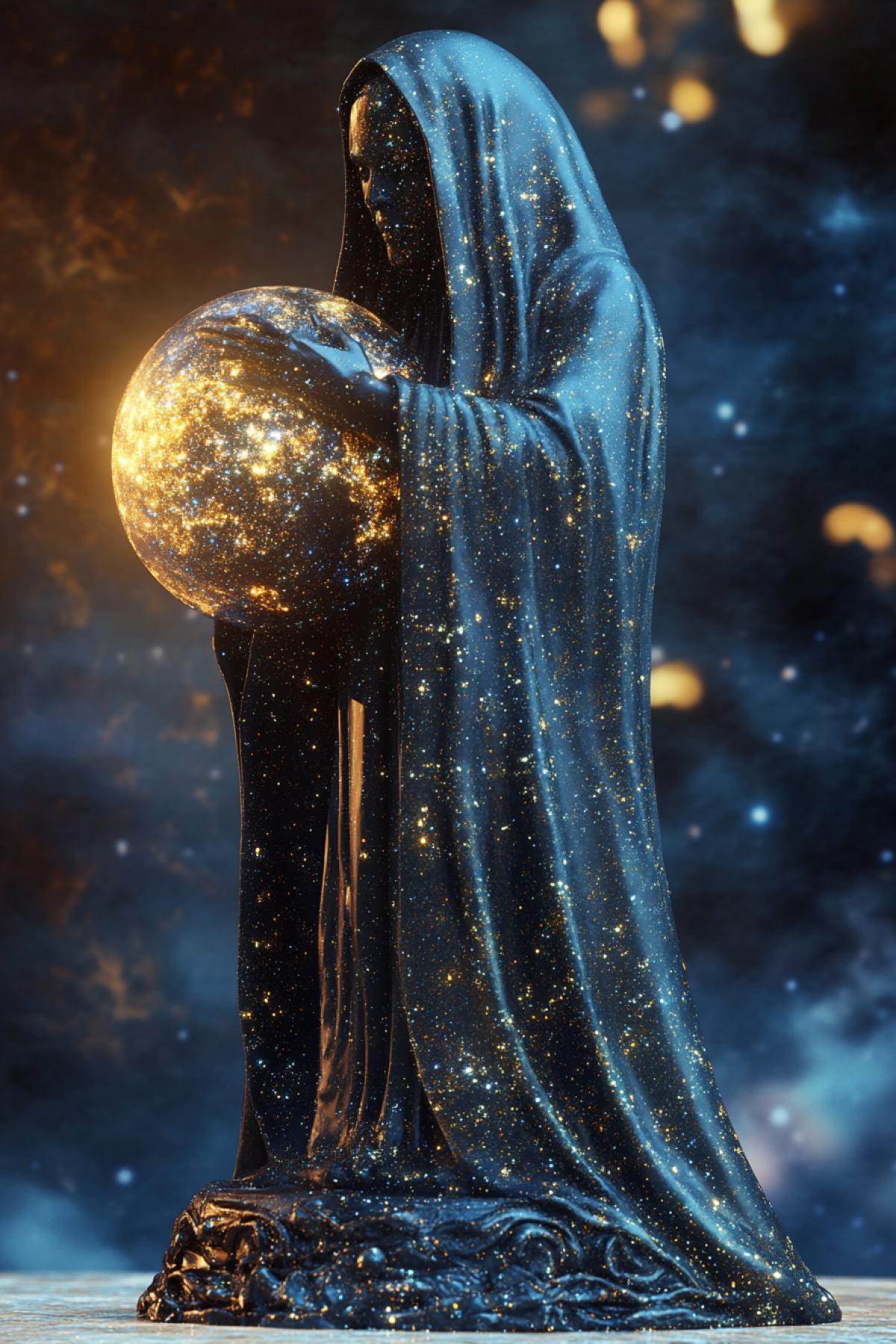a mystical statuette of a robed figure blending into the night sky, stars twinkling across its cloak, holding a cosmic orb swirling with galaxies, placed on a carved crystal base, art nouveau meets cosmic fantasy, high contrast, 4K texture