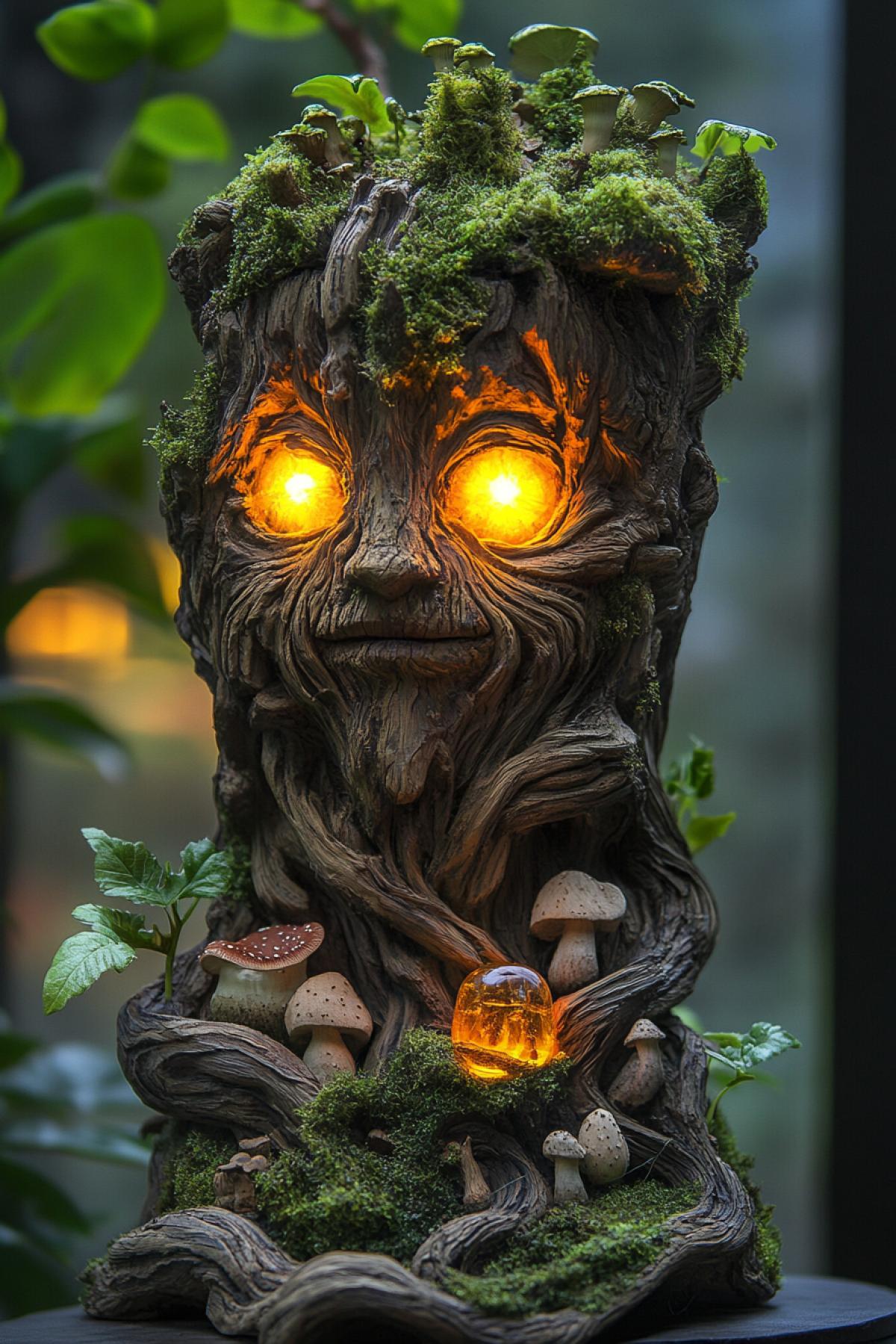 a wooden figyellow water of a humanoid tree spirit with glowing moss hair, small forest animals carved into its bark-covered , eyes made of amber, standing on a base of intertwined roots and mushrooms, fantasy forest style, earthy tones, photorealistic detail