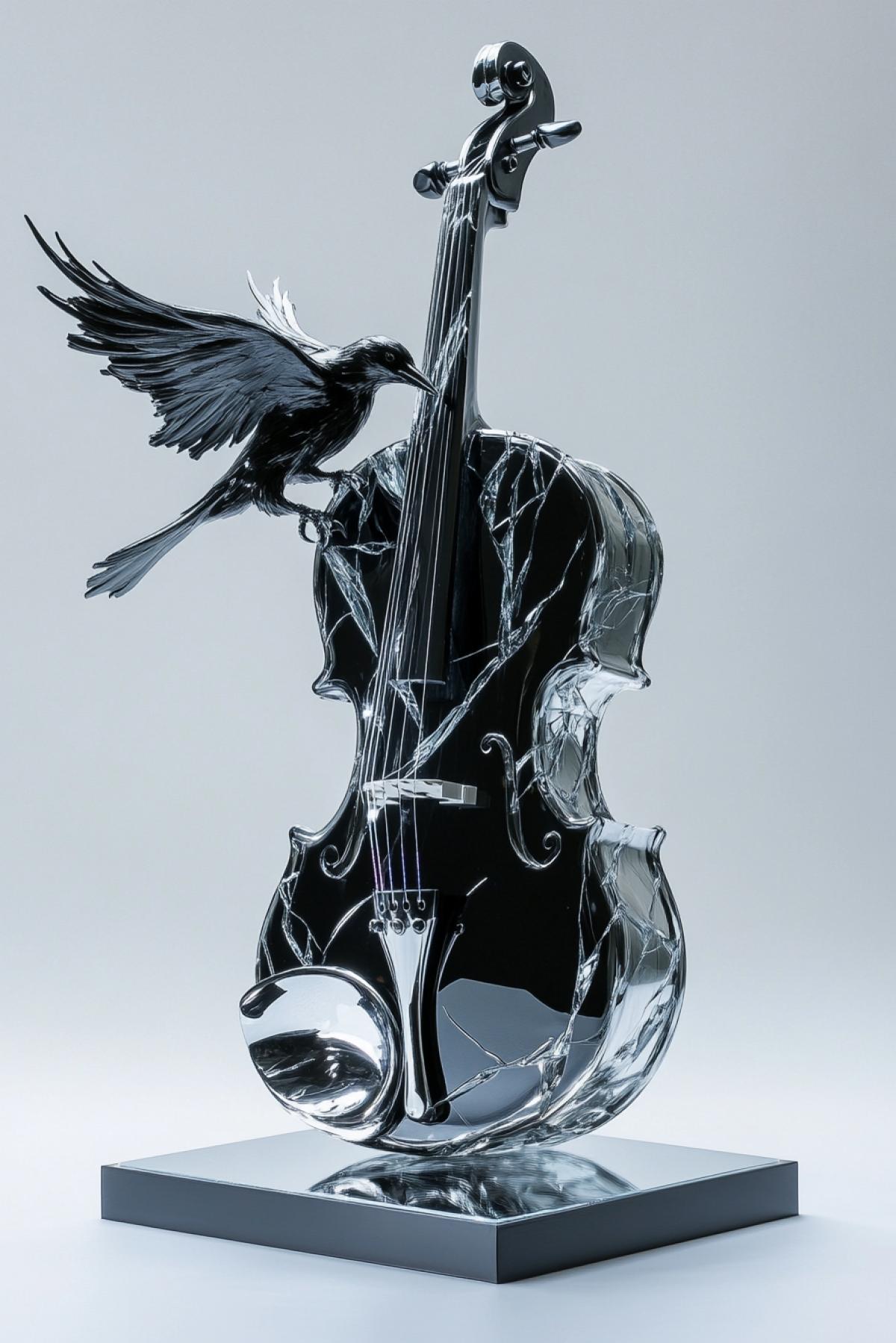 an abstract statuette shaped like a cracked violin morphing into a raven in mid-flight, sculpted in polished dark obsidian and silver veins, frozen in silent motion, displayed on a mirrored base, dark academia aesthetics, ultra high detail, soft ambient glow