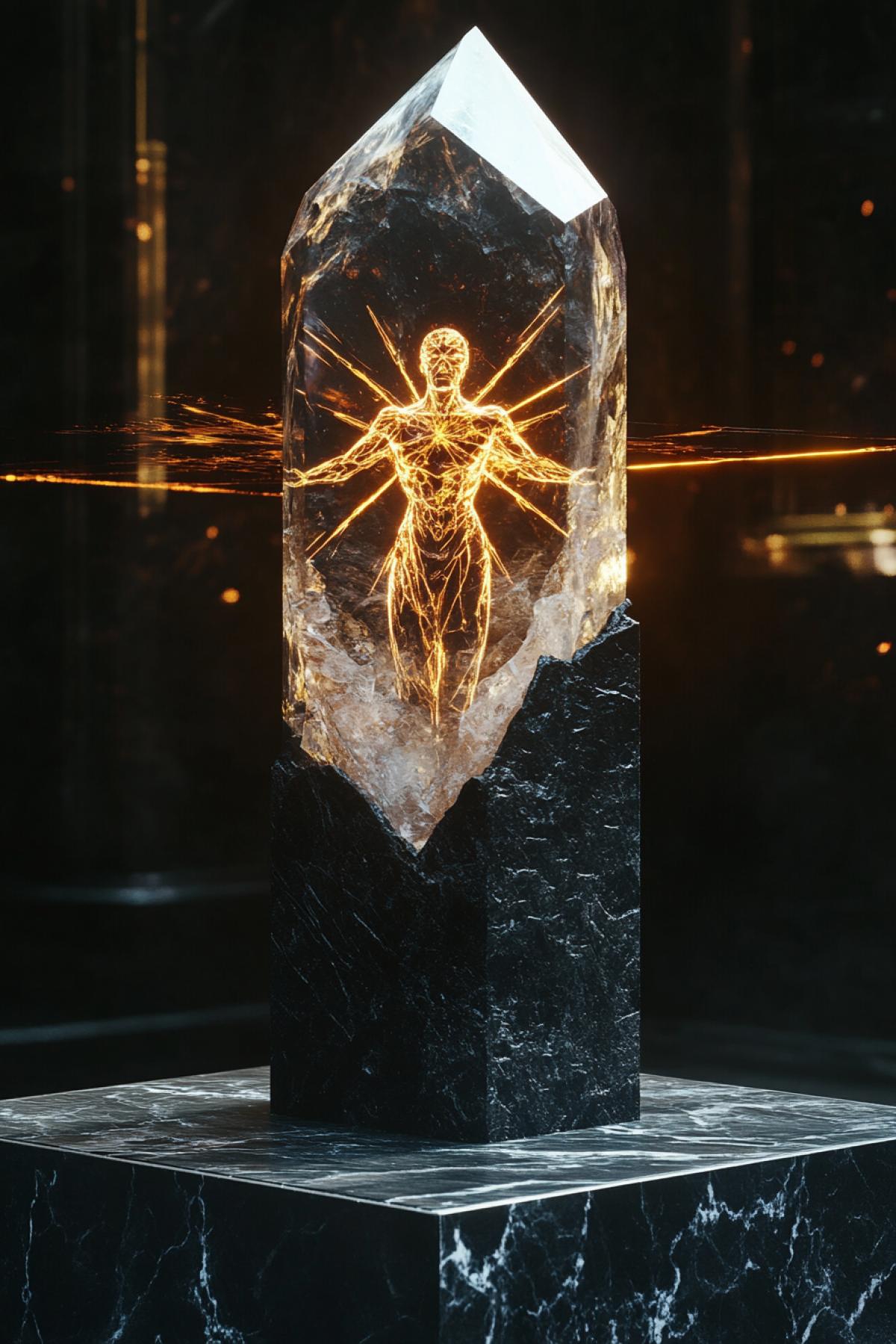 a divine statuette sculpted from a shard of celestial crystal, floating mid-air and rotating slowly, with a fractured humanoid figure inside radiating golden runes, suspended in a glowing anti-gravity field above a dark marble pedestal, otherworldly lighting, hyper-realism, cosmic mystery vibe, 8K detail