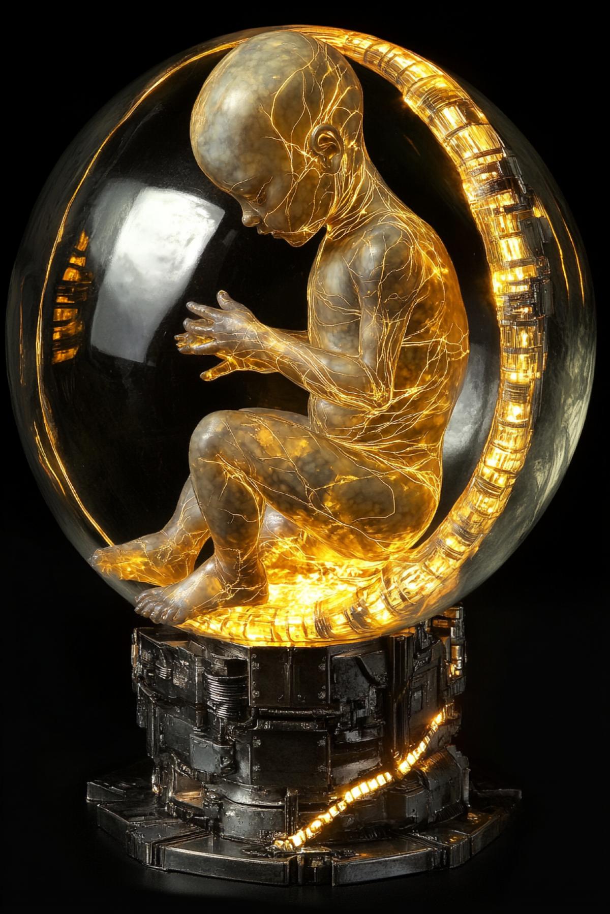 an ultra-detailed biomechanical statuette of a fetus inside a transparent crystal sphere, veins of gold and circuits intertwining, the base made of fossilized bone and titanium, glowing gently with pulsating light, created in the style of H. R. Giger + futuristic beautiful art, stunning contrast