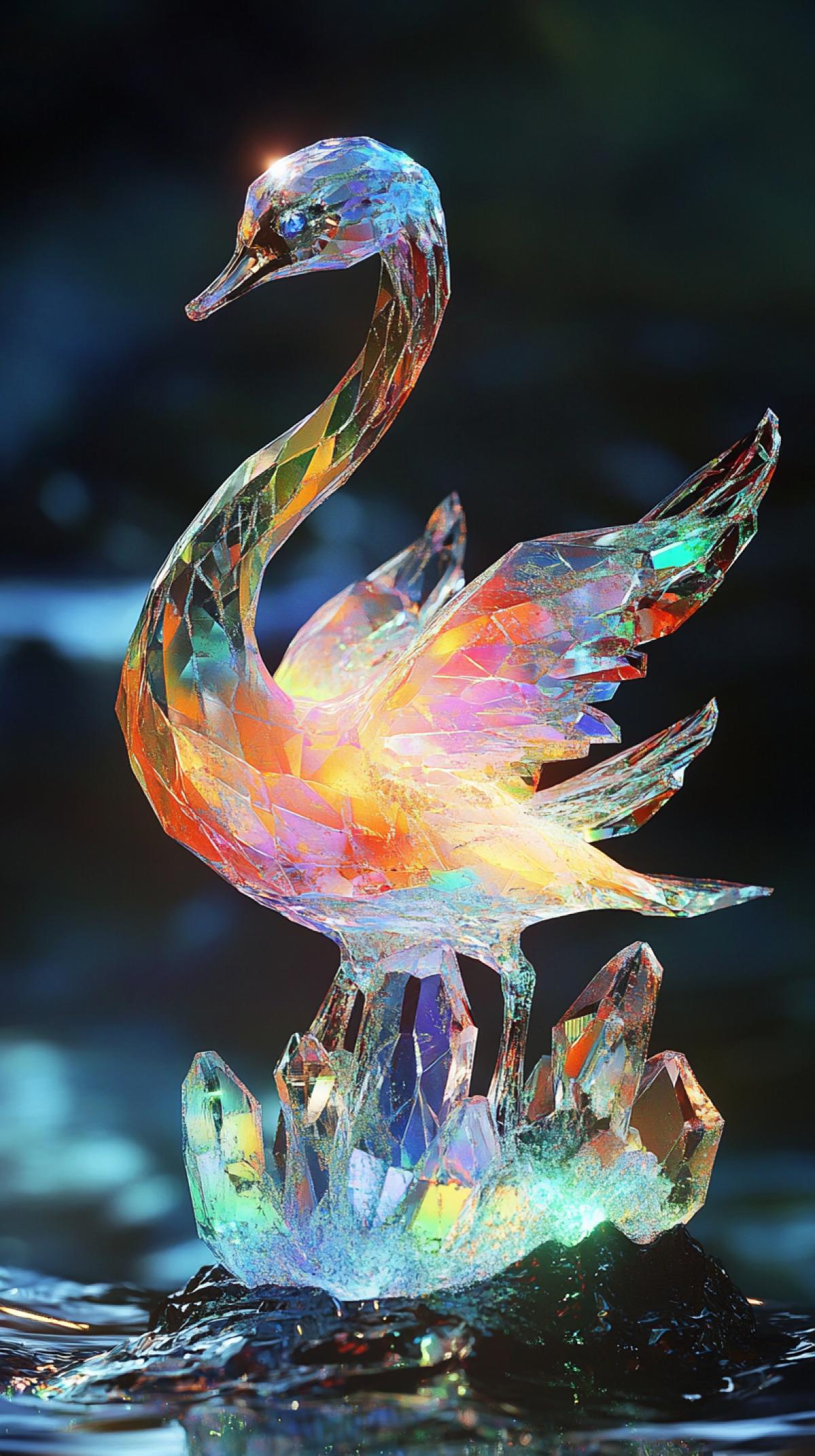 Graceful and transparent crystal sculpture swan, filled with bioluminescent colors, artistic, sparkling, dynamic colors, sparkles, luminous opalescent, insanely detailed beautiful crystals, carefully crafted filigree, hypermaximalistic bioluminescent glows, shimmering, extremely contrasting and saturated, underwater particles, magical fantasy works of art, ultra-high quality.