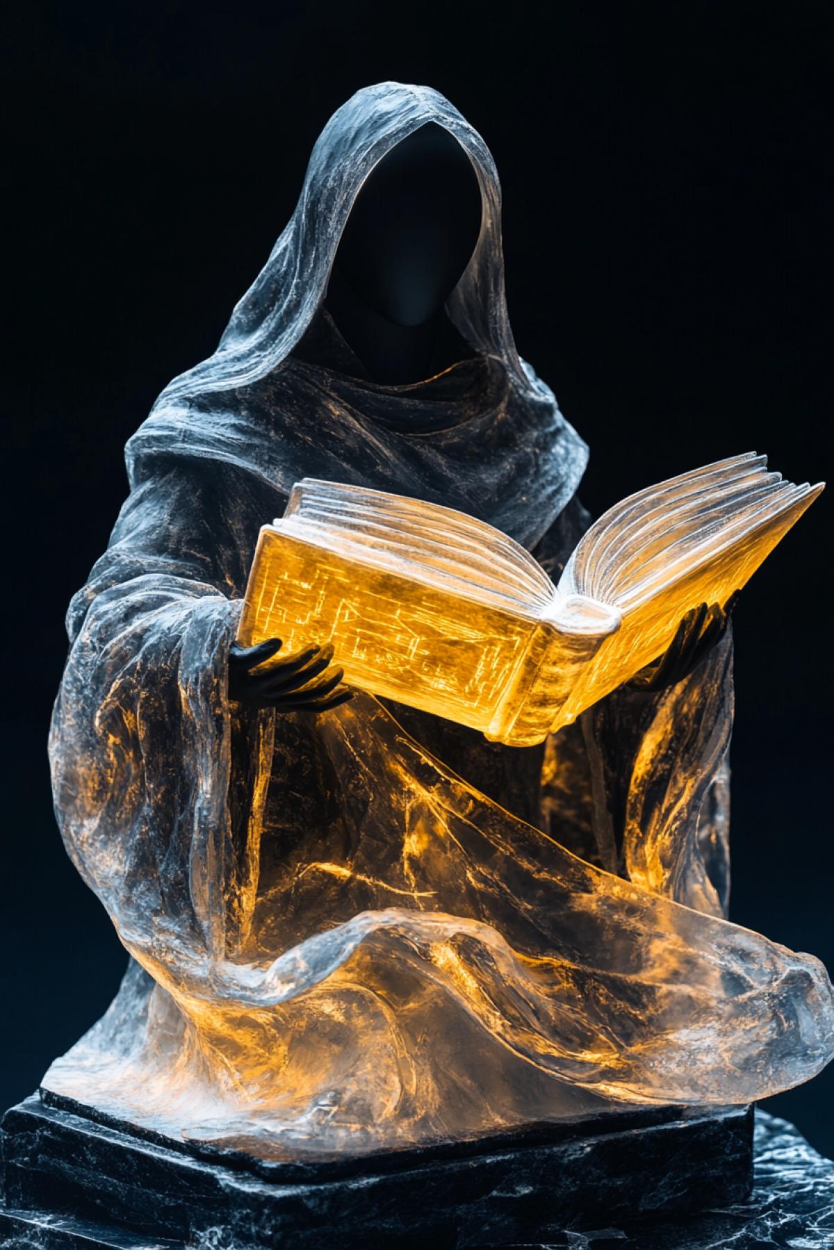 a dark obsidian figyellow water shaped like a hooded librarian with no face, holding an open book made of liquid shadow, pages turning on their own, each page showing moving holograms of forgotten civilizations, placed on a base of etched soulstone, gothic-futurism style, dark ambient lighting