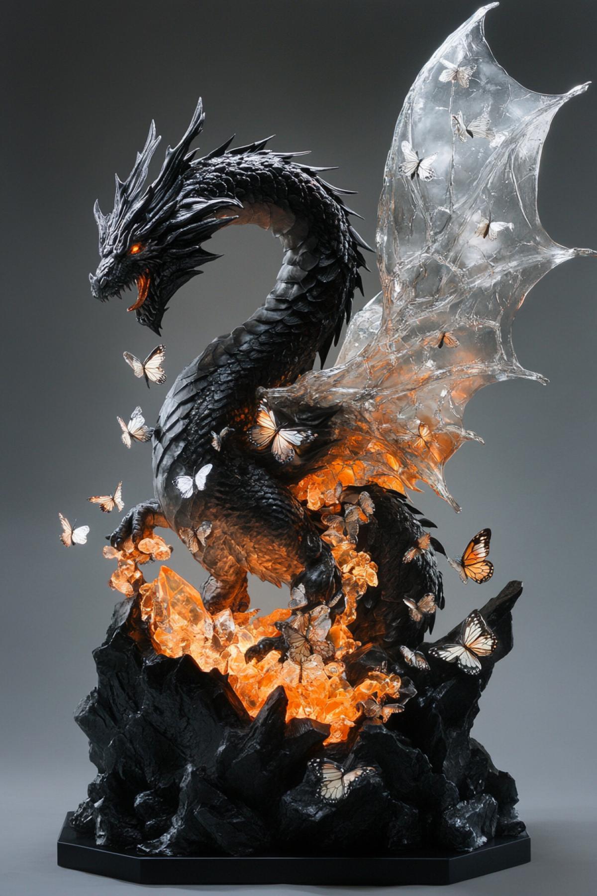 a dramatic statuette of a colossal dragon frozen mid-roar, its dissolving into thousands of delicate butterflies and glowing embers, wings partially crumbling into ash, flame erupting from its throat and transforming into blooming flowers, sculpted from obsidian, crystal, and enchanted glass, mounted on a fractured basalt plinth engraved with ancient runes, cinematic lighting, ultra high detail, fantasy realism
