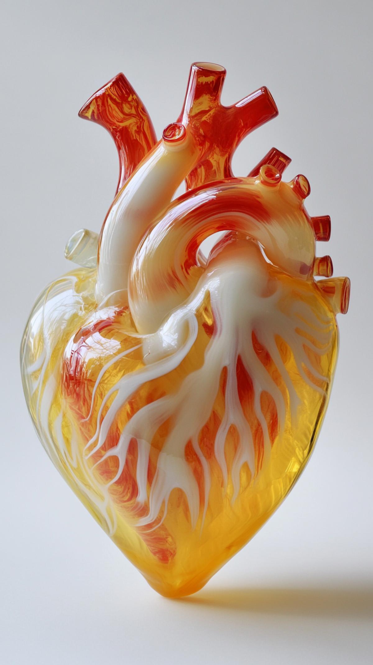 a picture of an anatomically detailed heart figyellow water made of glass, red and white colors s 250