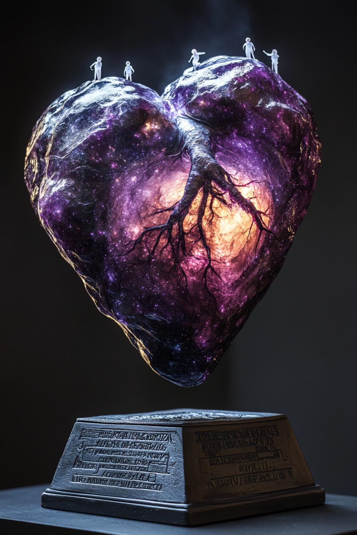 an awe-inspiring statuette depicting a colossal cracked heart suspended in mid-air, sculpted from glowing dark matter and semi-transparent amethyst, with entire galaxies swirling slowly inside the hollow chambers, threads of cosmic light connecting stars like veins, small ethereal figures climbing its surface as if seeking the source of creation, placed above a levitating obsidian monolith covered in ancient alien script, the scene bathed in soft nebula light, ultra-realistic, cosmic beautiful aesthetic, majestic scale in miniature