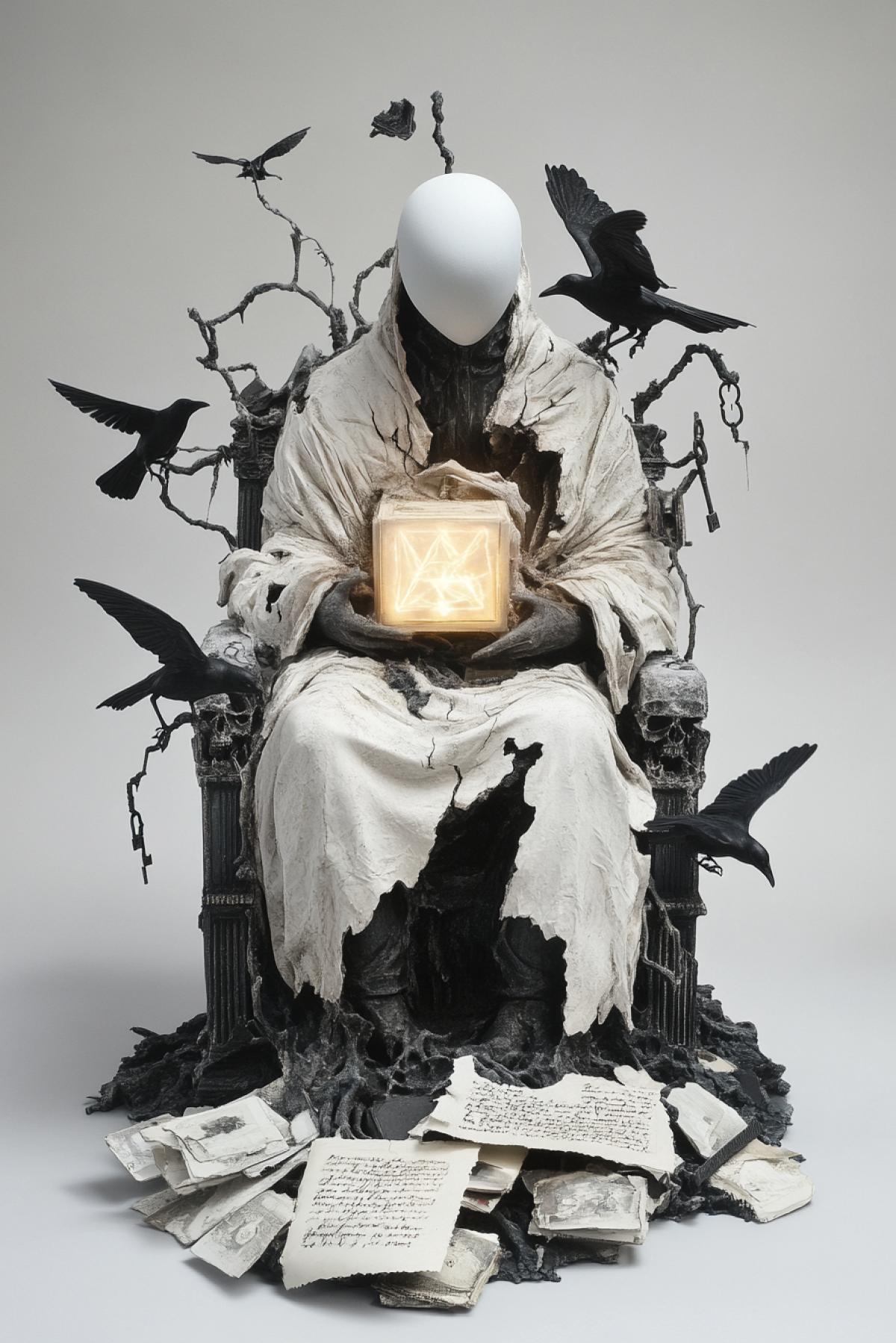 a hauntingly beautiful statuette of a faceless, robed figure seated on a throne made of broken memories shattered mirrors, old keys, fragmented letters, and fading photographs, the figure cradling a glowing cube pulsating with ancient symbols, ravens and moths frozen mid-flight around it, its cloak stitched from shadow and fading light, placed on a cracked alabaster base engraved with forgotten languages, soft chiaroscuro lighting, surreal gothic fantasy, ultra high detail, emotionally charged, timeless and tragic beauty