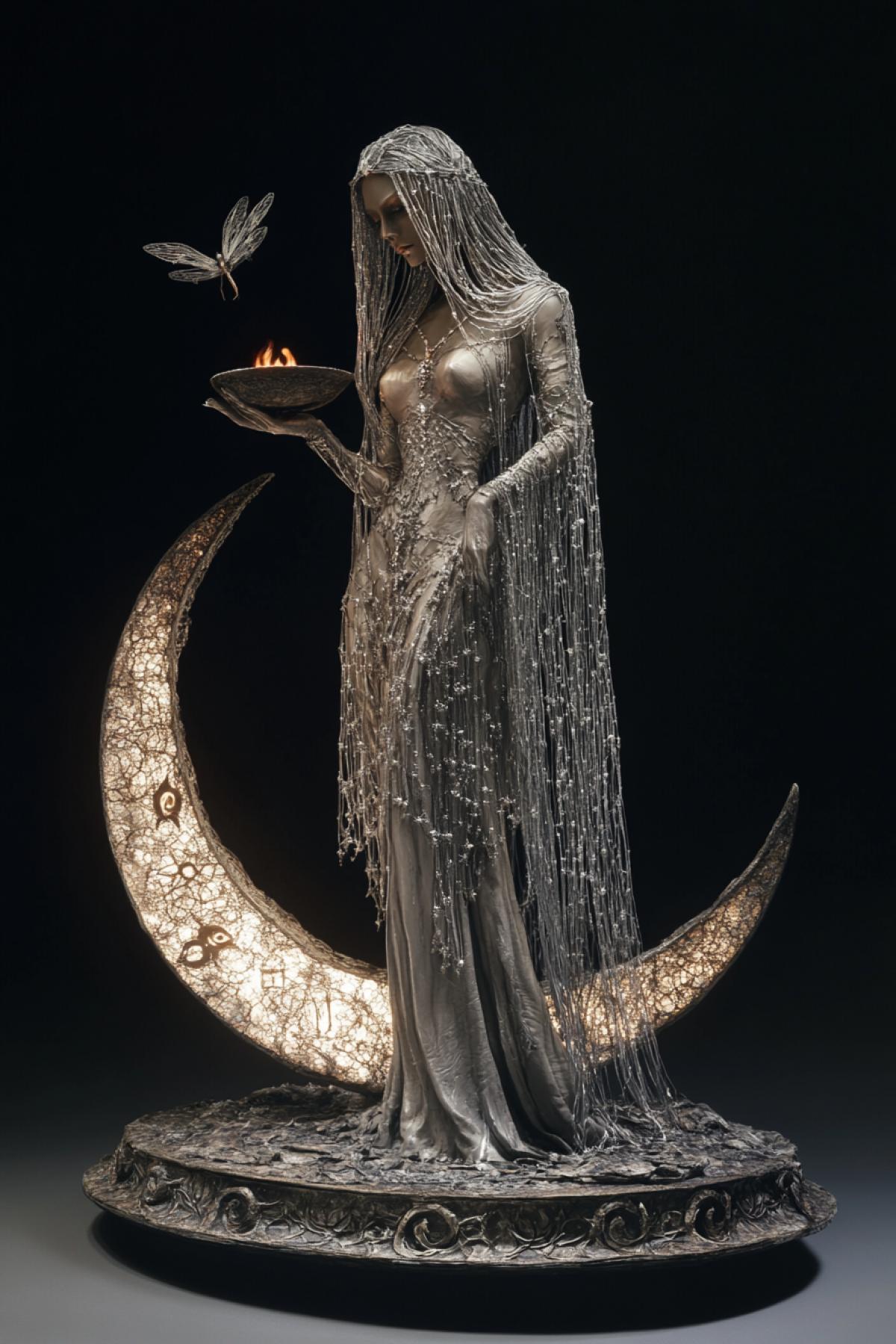 a hauntingly elegant statuette of a tall, veiled priestess standing on a crescent moon throne, her dress made of flowing volcanic ash and silver threads, holding a bowl of glowing embers in one hand and a feather of dark crystal in the other, her eyes covered by a blindfold woven from eclipse light, tiny silver moths rising from her shoulders, the base shaped like a lunar eclipse disk with ancient symbols around the edge, illuminated softly from beneath, dark mythic aesthetic, ultra-detailed, graceful and ominous
