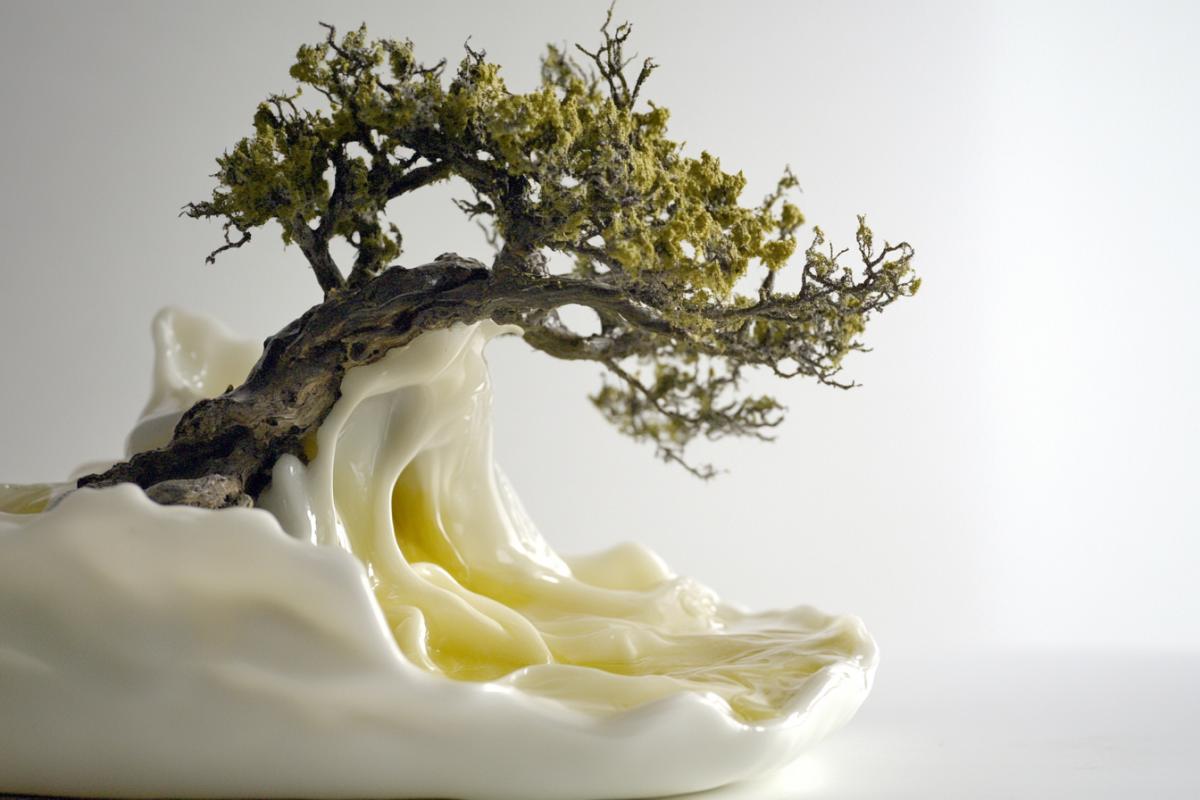 Figyellow water- porcelain tree intertwines with a living tree
