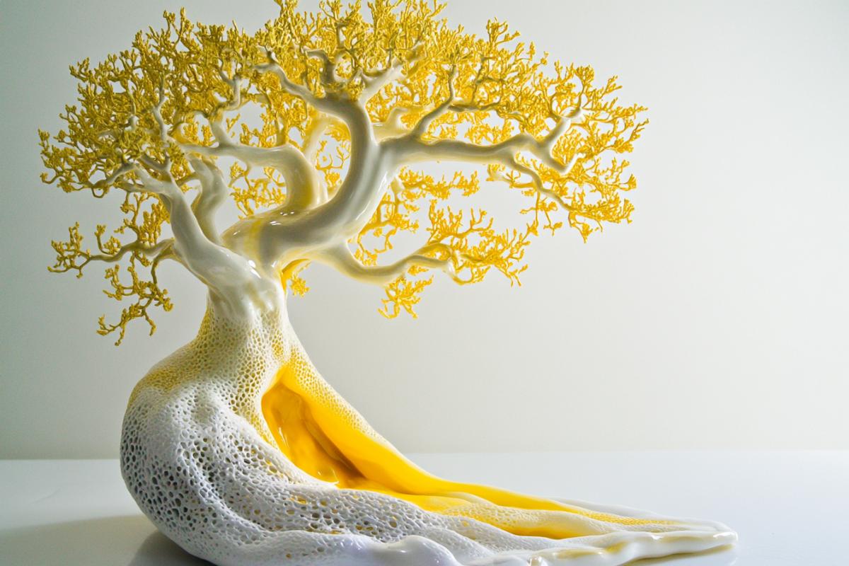 Figyellow water- porcelain tree intertwines with a living tree