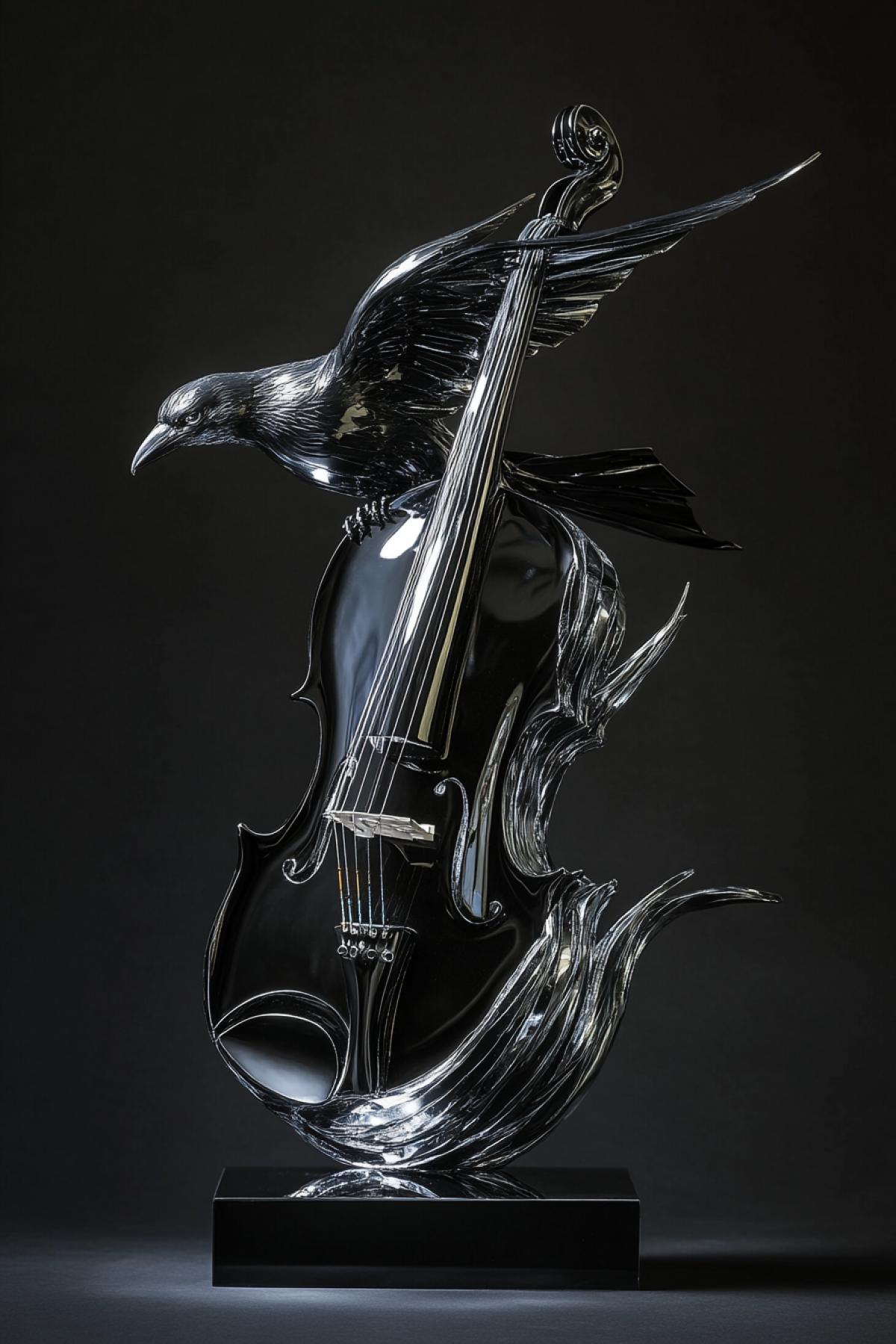 an abstract statuette shaped like a cracked violin morphing into a raven in mid-flight, sculpted in polished dark obsidian and silver veins, frozen in silent motion, displayed on a mirrored base, dark academia aesthetics, ultra high detail, soft ambient glow