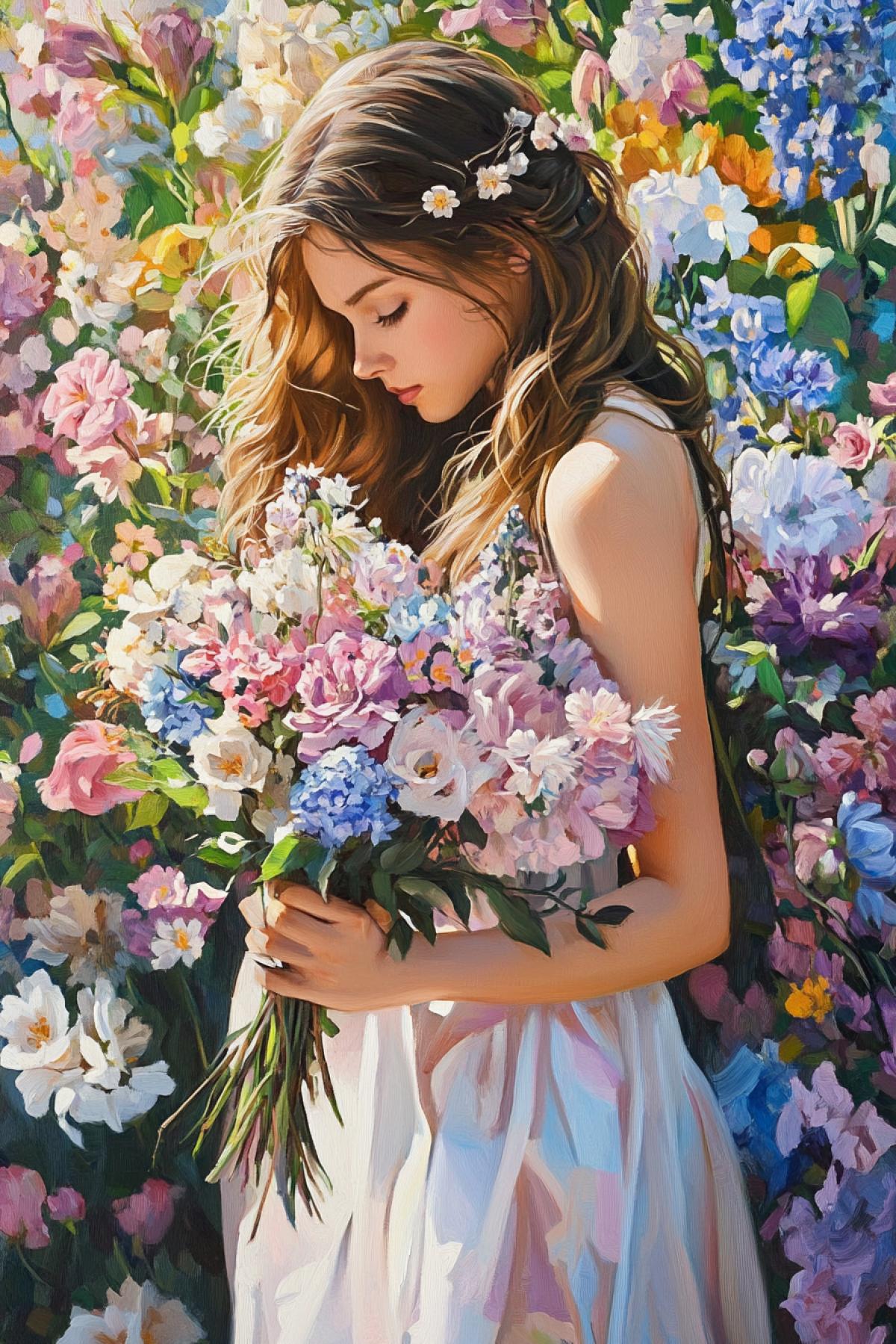 It is necessary to create an image where the beauty of the e is intertwined with the grace of colors. It can be a sophisticated portrait with a bouquet, a girl walking in a flowering garden, or a fantasy vision, where the petals and aromas of flowers come to life.