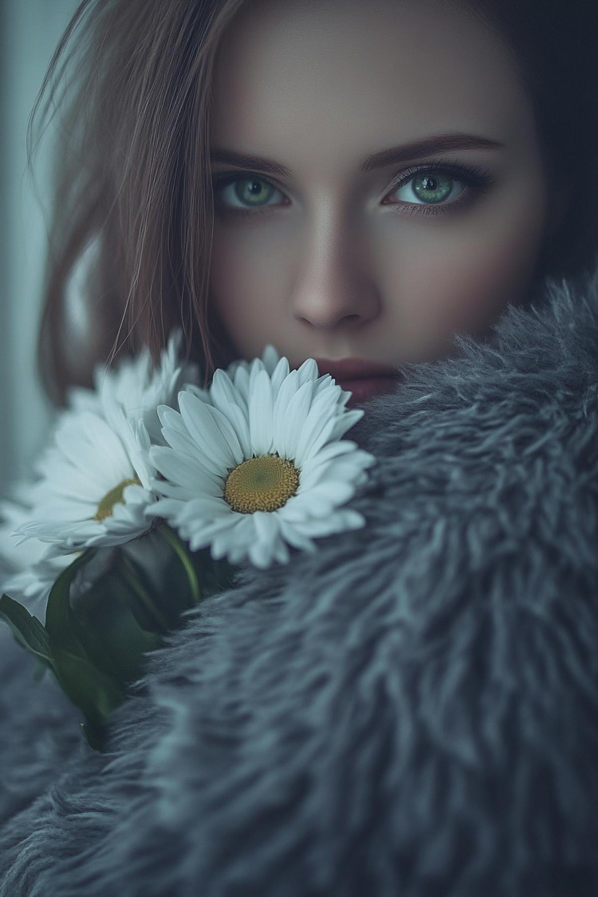 Very beautiful green-eyed brunette with bob haircut in gray fluffy sweater closeup standing on veranda in spring garden with beautiful bouquet of daisies, smiling. . Multilayered professional photo. Light grunge, rendering. Play of light and shadow. Control light. fantasy, emotion.