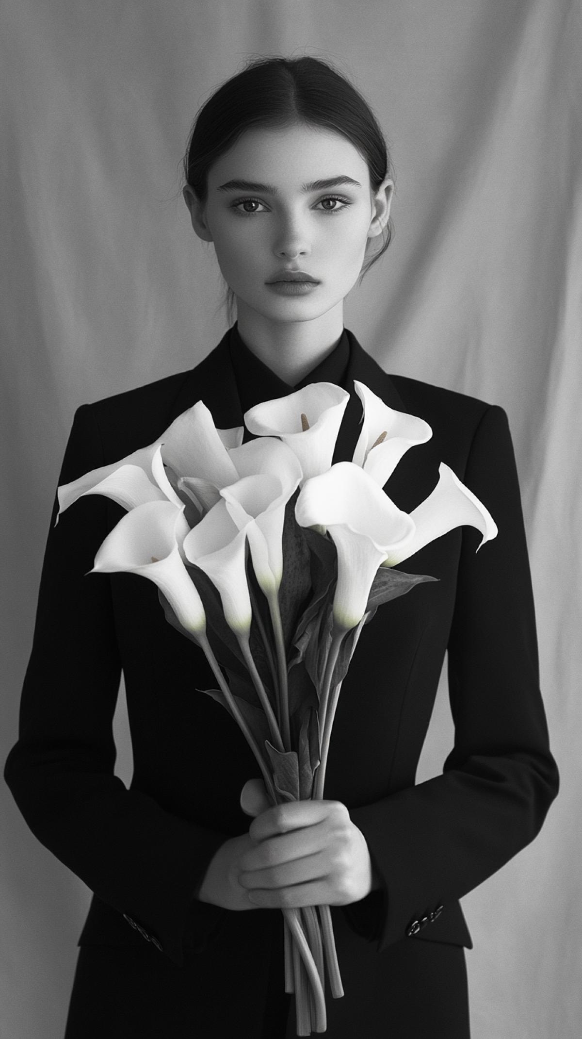 a girl in a formal suit with a bouquet of calla lilies Noell Oszvald
