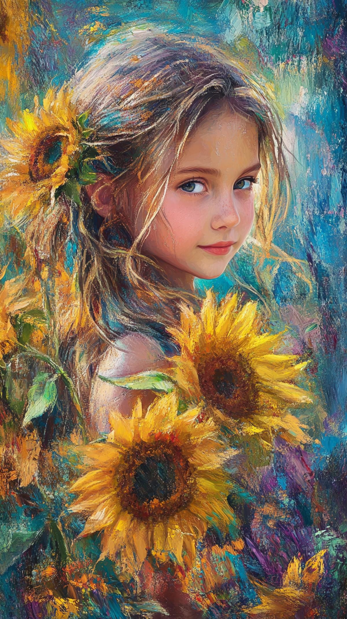 A girl with sunflowers, Impressionist style, Claude Monet inspired, vibrant colors, blurry background