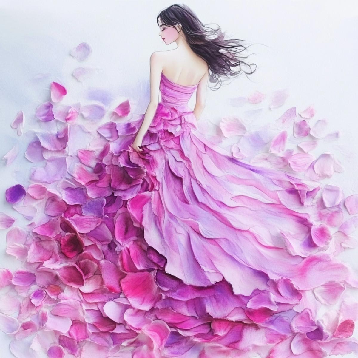 The drawing of the watercolor is a beautiful slender woman, the drawing is im4kd on fresh flowers of the petals instead of a dress. Photo of high quality