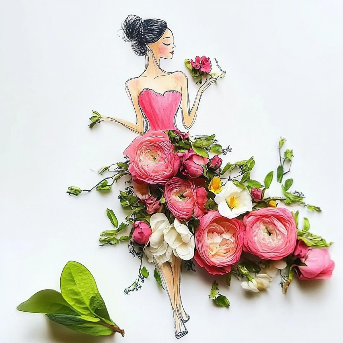 Drawing a woman and plus fresh flowers in the figure, dress from fresh flowers