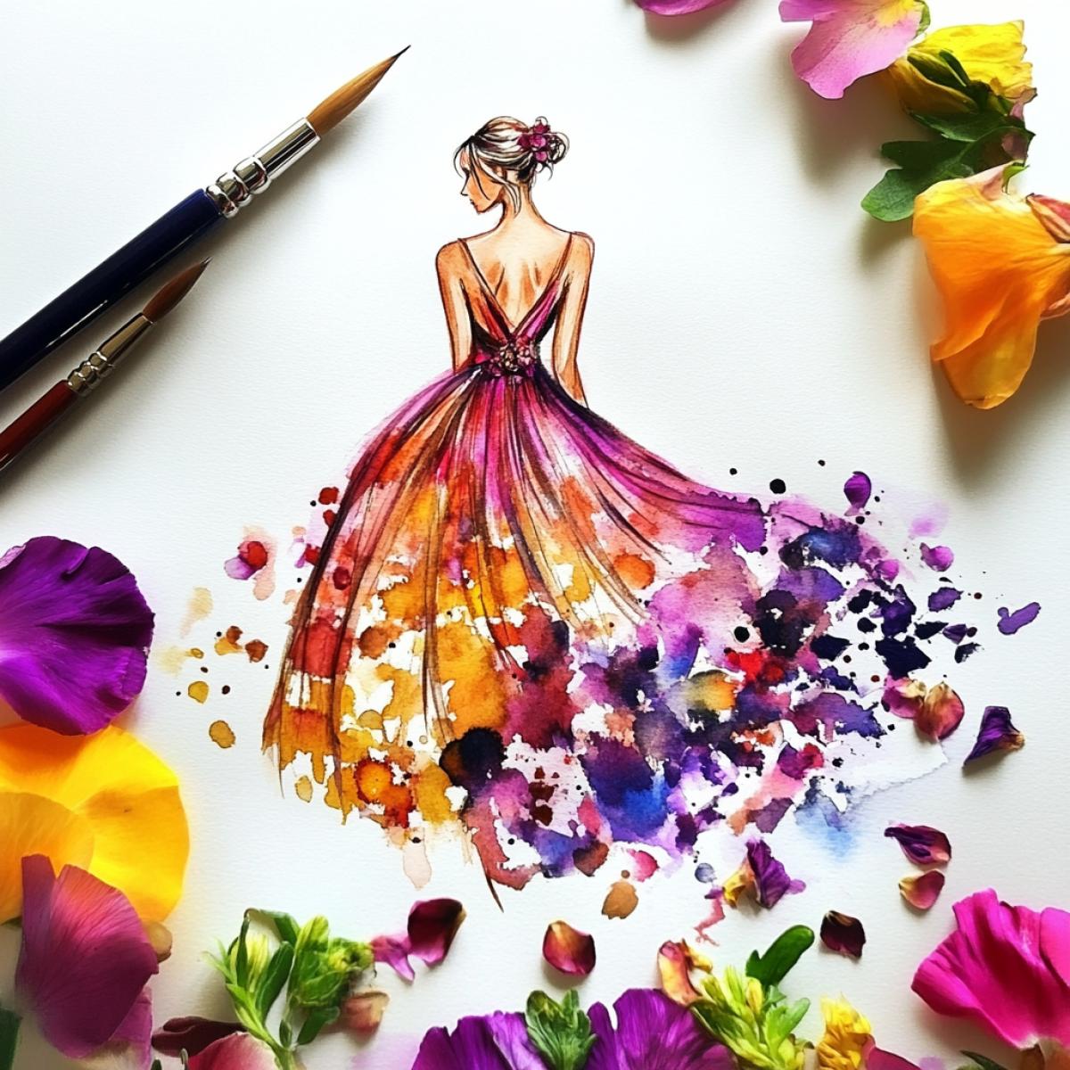 The drawing of the watercolor is a beautiful slender woman, the drawing is im4kd on fresh flowers of the petals instead of a dress. Photo of high quality