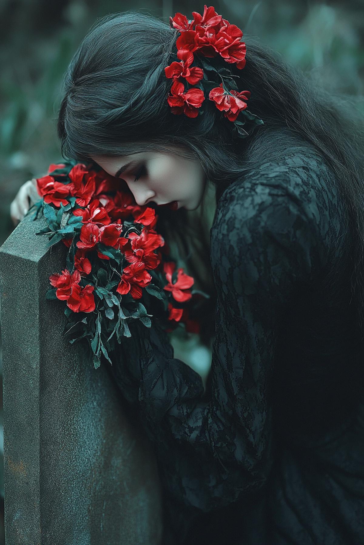 Girl dark Widow with artificial flowers on her husband’s grave, Gothic