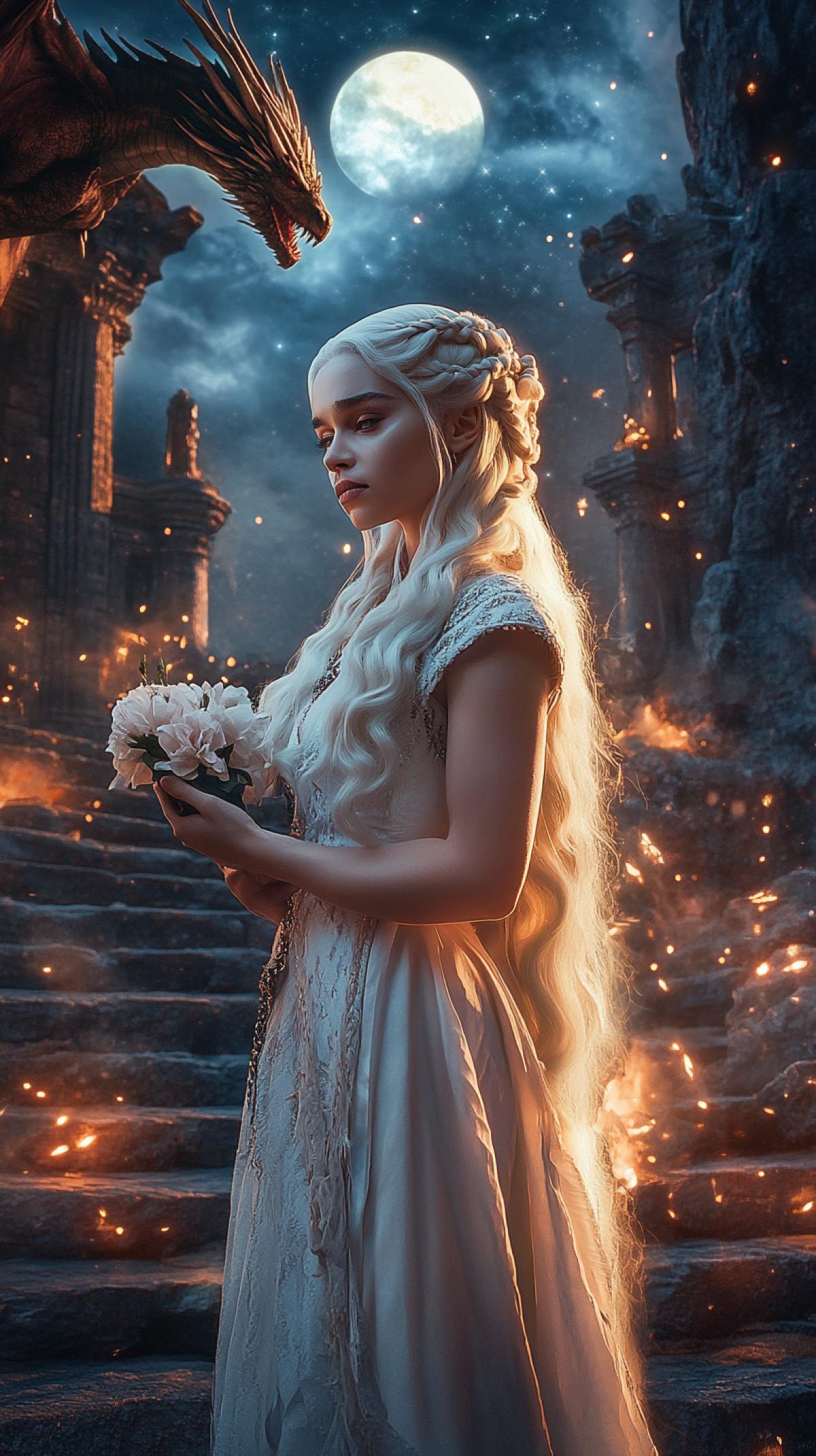 medieval theme, portrait of actress Daenerys Targaryen from the movie Game of Thrones with long white hair, flowers in her hands, dressed in a long white dress, standing at night in front of a stone temple facing the screen, dragon in the sky, high contrast. high detail. Serene. Elegant