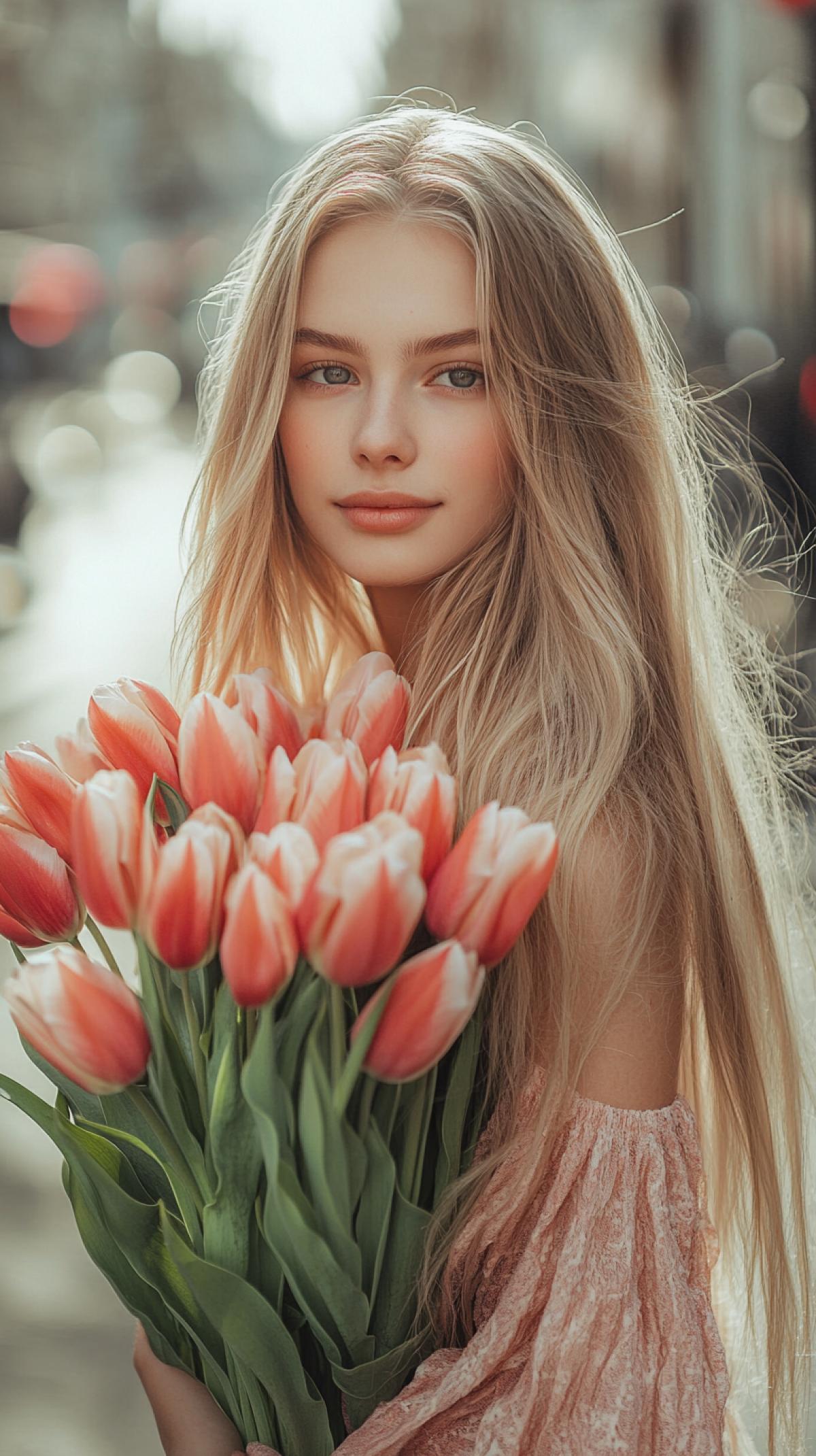 A 25-year-old girl on a city street, with long blonde hair. the smile is mysterious and gentle. Shes wearing a gorgeous dress. in the hands of a big bouquet of tulips. She looks at the camera. the red tones are done in pastel colors. It has a spring atmosphere and lots of light. The image was taken using a Nikon D850 camera and a Nikon AF-s NIKKOR 70-200mm f/2.8E FL ED VR lens in bright light, creating a feeling of softness and unearthiness, with a shallow depth of field.
