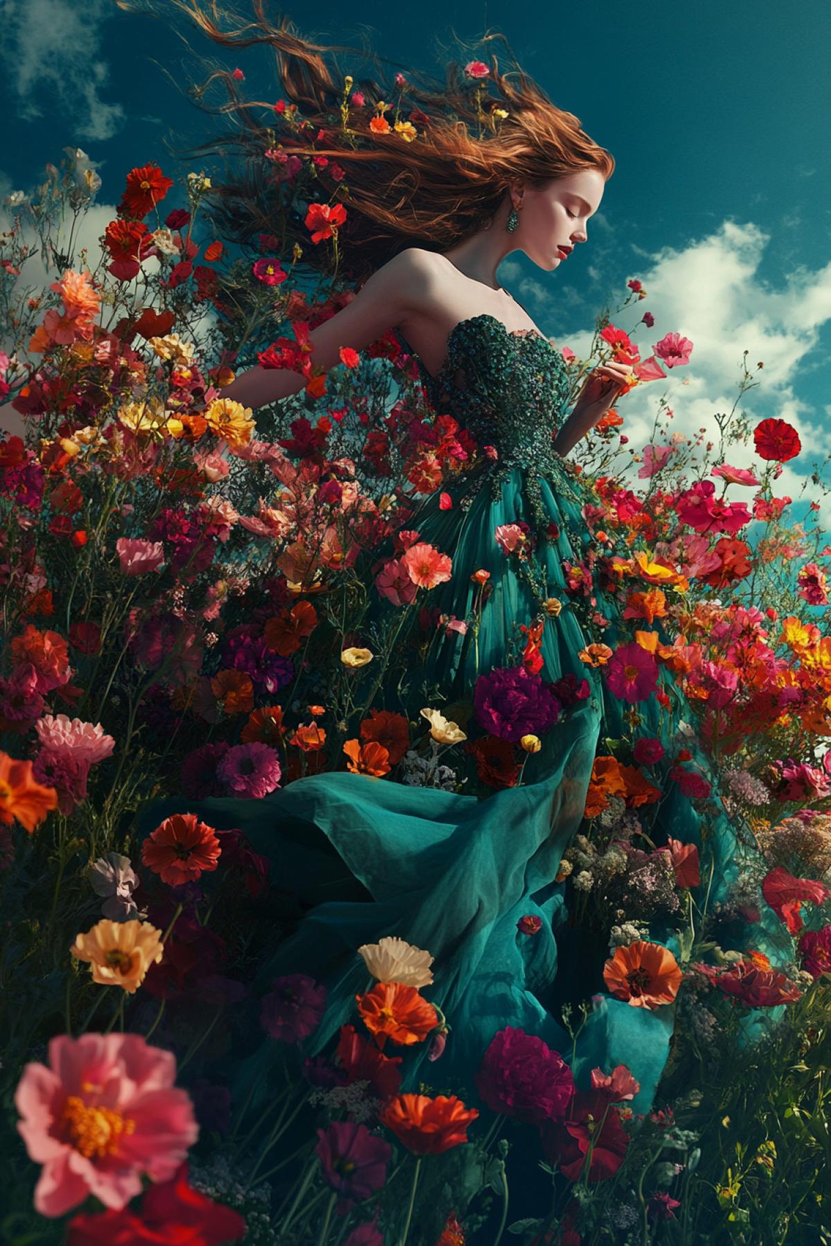 The image where the beauty of the e is intertwined with the grace of colors. It can be a sophisticated portrait with a bouquet, a girl walking in a flowering garden, or a fantasy vision, where the petals and aromas of flowers come to life.
