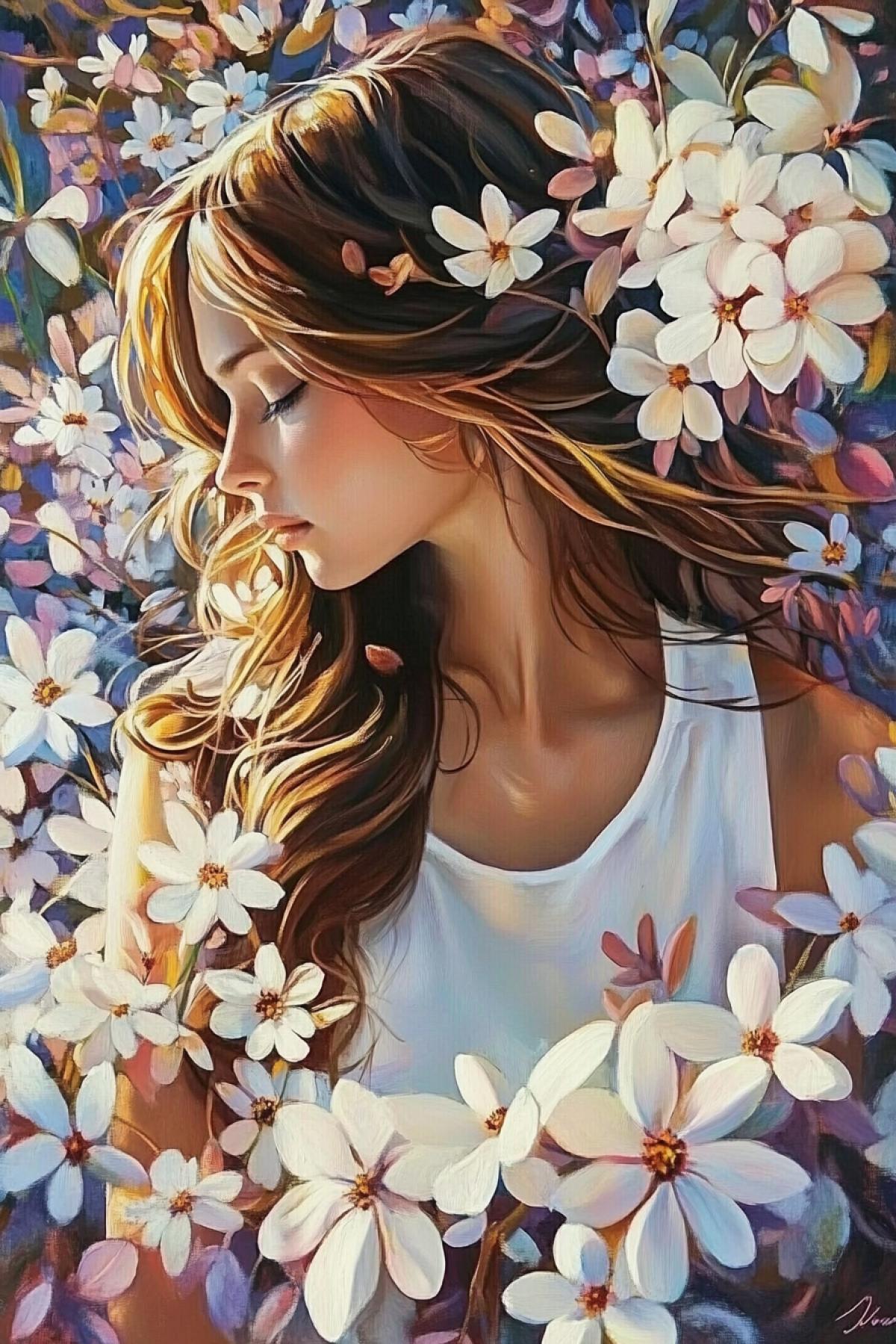The image where the beauty of the e is intertwined with the grace of colors. It can be a sophisticated portrait with a bouquet, a girl walking in a flowering garden, or a fantasy vision, where the petals and aromas of flowers come to life.