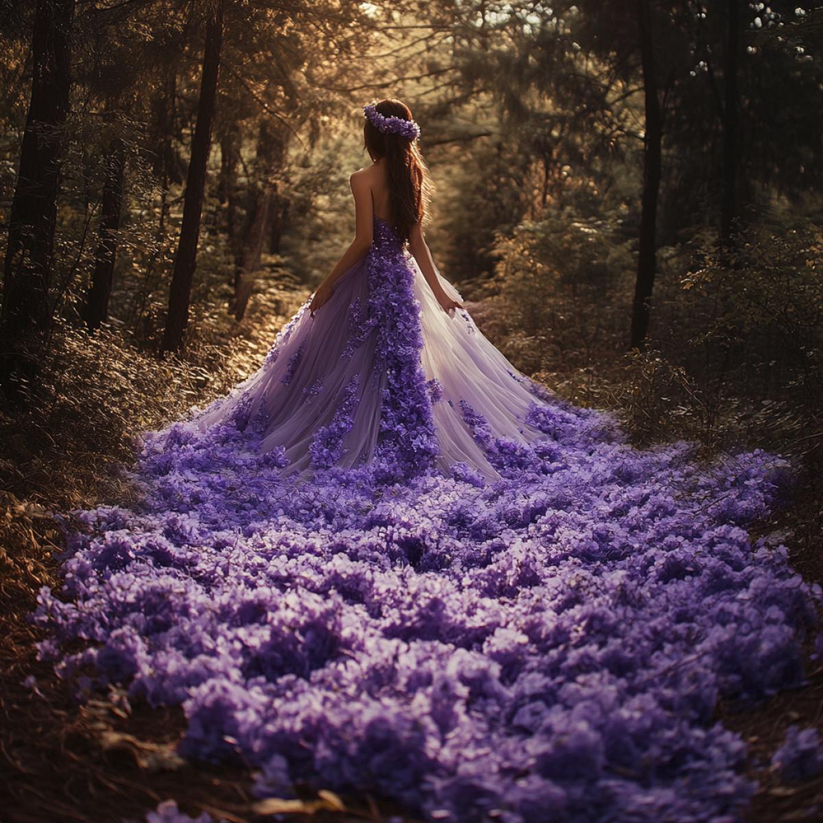 A woman in a dress made of vine purple flowers, a long train, in hair fresh flowers, advertising shooting in the forest, unusual, fantasy, stylish, professional shooting, spectacular