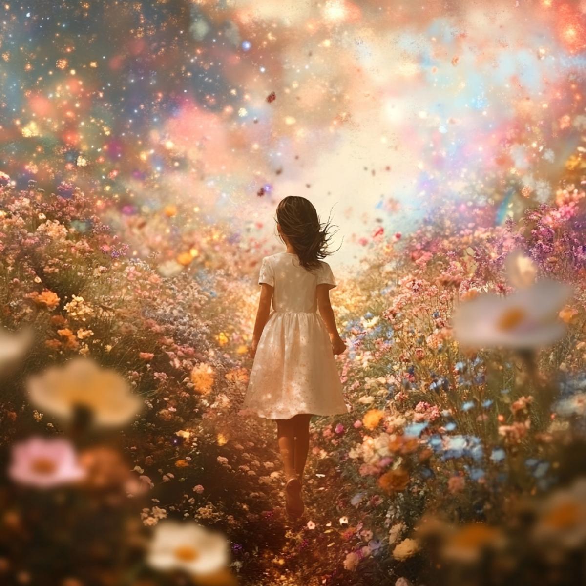 A girl walking in a flowering garden, or a fantasy vision, where the petals and aromas of flowers come to life.