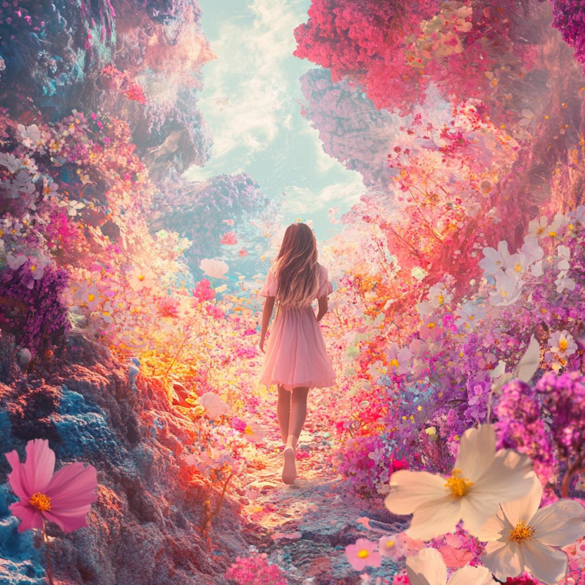 A girl walking in a flowering garden, or a fantasy vision, where the petals and aromas of flowers come to life.