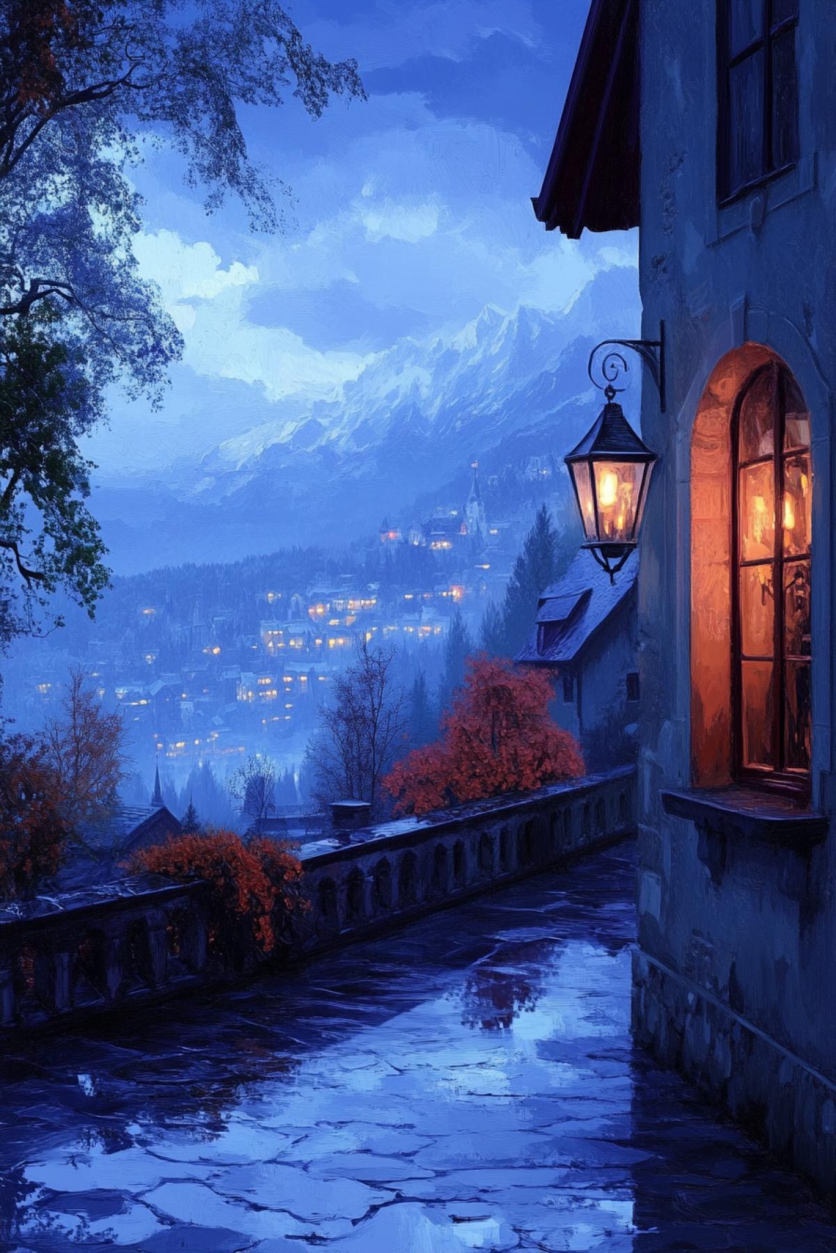 Images transmitting a special atmosphere of dark time of day. It can be a city lit by lanterns with reflections in wet asphalt, a mysterious forest in the moonlight, a cozy window with a soft glow of a lamp or an endless starry sky above the mountains.