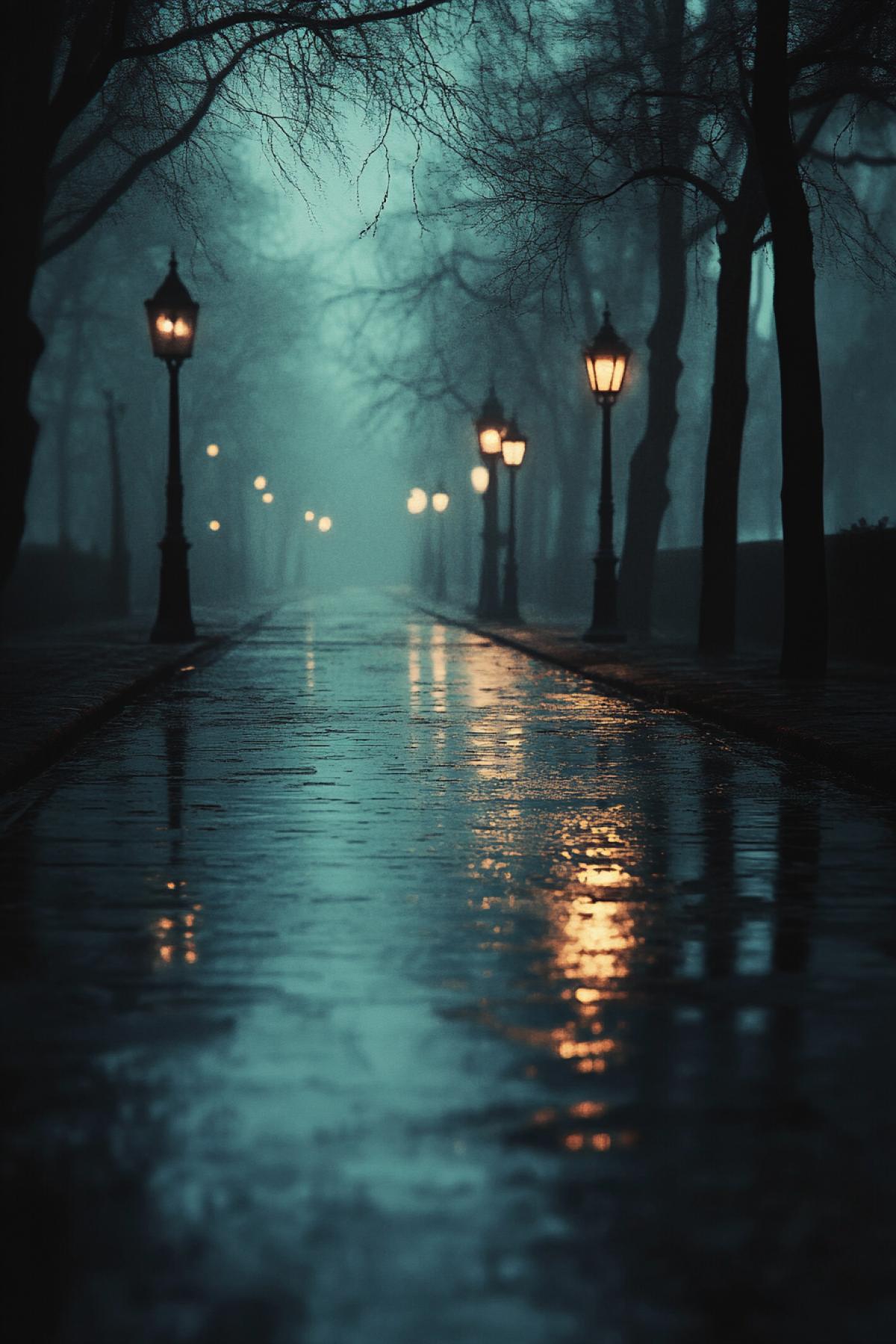 Images transmitting a special atmosphere of dark time of day. It can be a city lit by lanterns with reflections in the wet asphalt, a mysterious forest in the moonlight