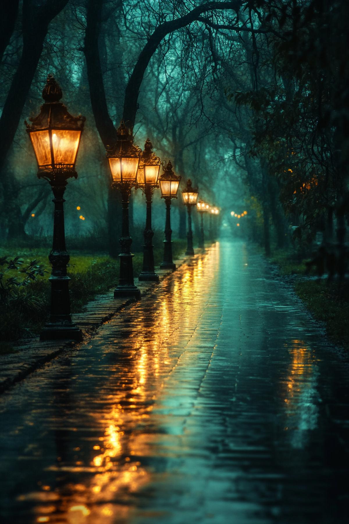 Images transmitting a special atmosphere of dark time of day. It can be a city lit by lanterns with reflections in the wet asphalt, a mysterious forest in the moonlight