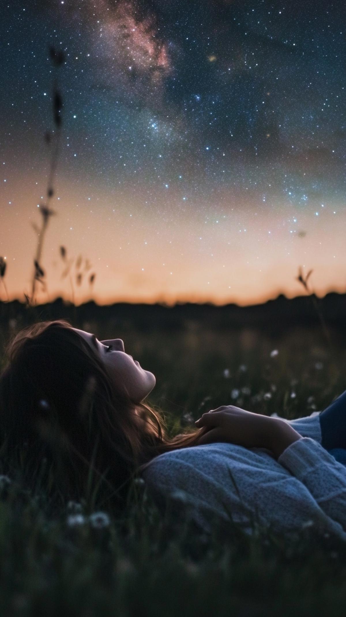 A girl lying on soft grass, gazing at a sky full of stars, Milky Way visible, serene night scene