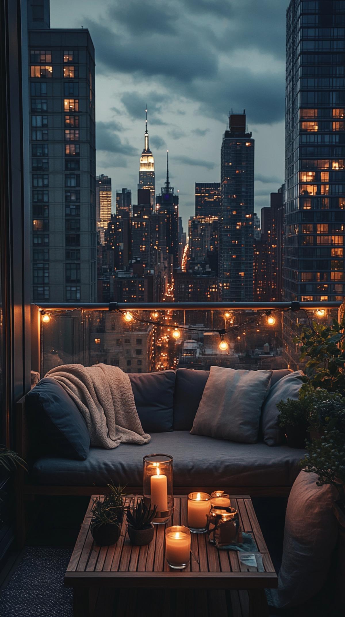 Cozy New York City apartment balcony with string lights, couch and coffee table, city skyline in the background at night, romantic vibes, warm tones, plants, candles, beautiful architecture