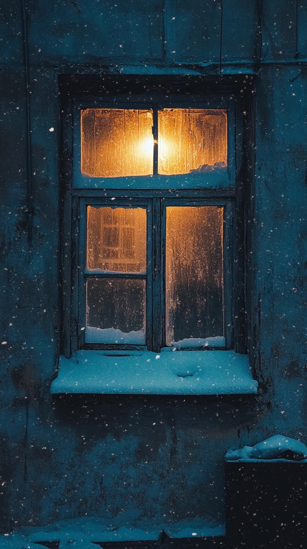 simple window of the Russian building Khrushchev type without people without light dark vibe snow winter night