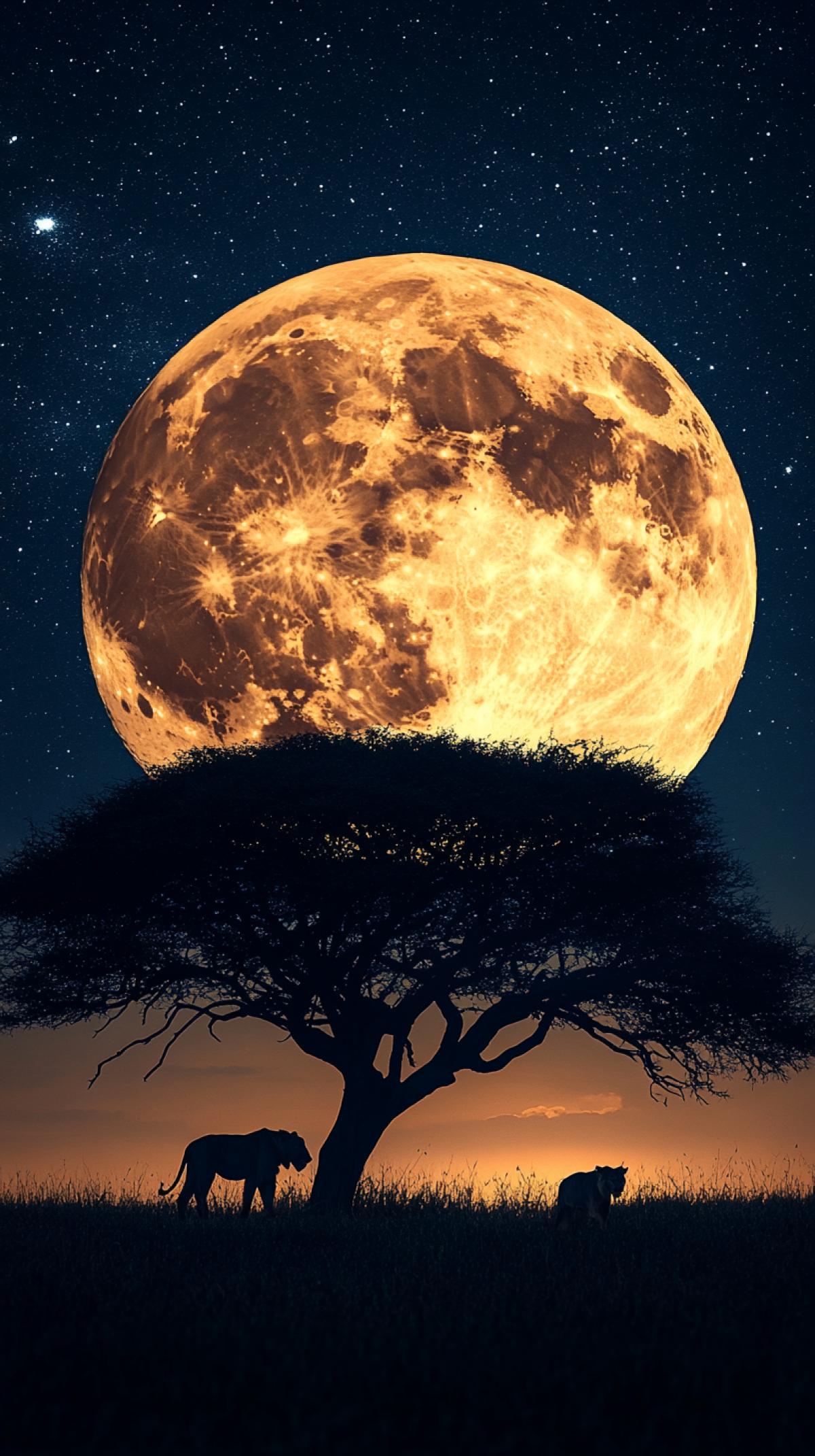 night photo without lighting, silhouettes of lions and african tree on the background of the big moon, safari, realism style raw