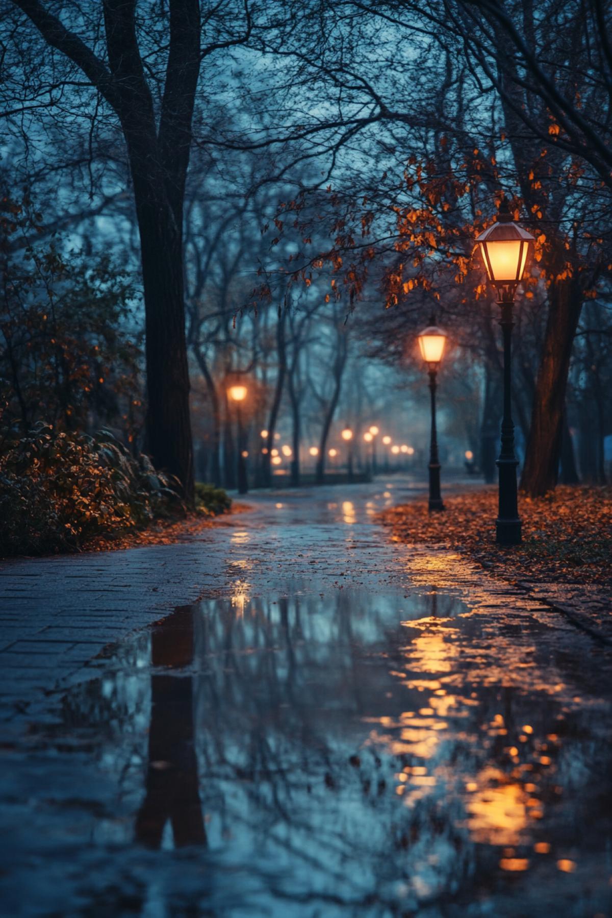 Images transmitting a special atmosphere of dark time of day. It can be a city lit by lanterns with reflections in the wet asphalt, a mysterious forest in the moonlight