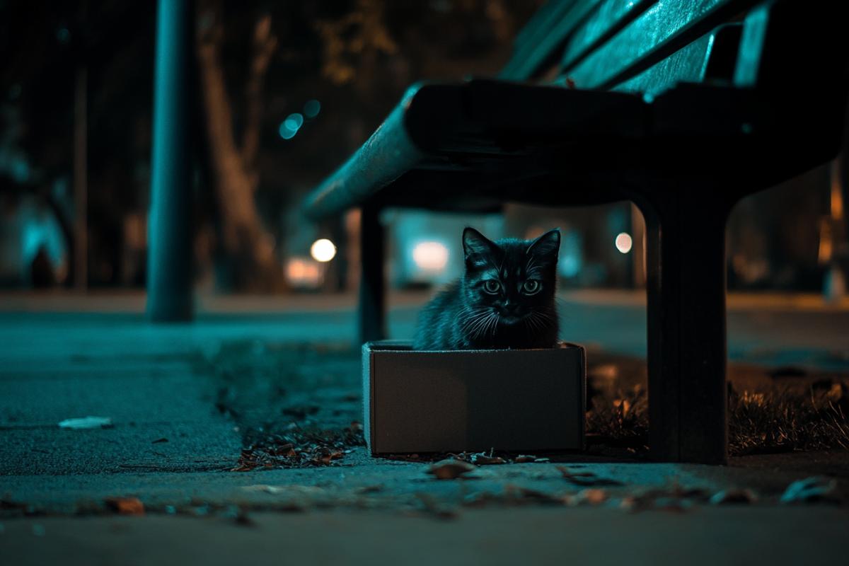 dark kitten in a box under a bench in a night park asymmetry