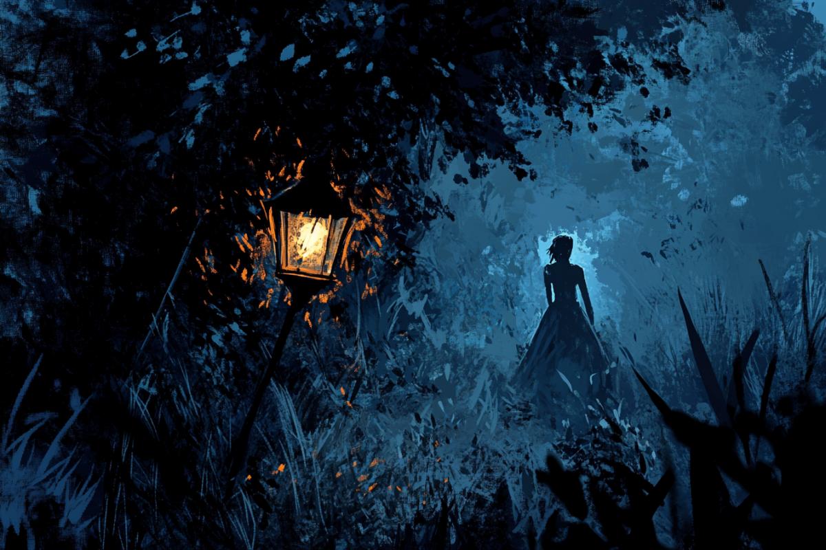 The maniac watching a girl from the bushes in the park at night. The foreground is a man peering out of the bushes. The background is the girl from the back in the dress goes through the park. Night. A broken lantern