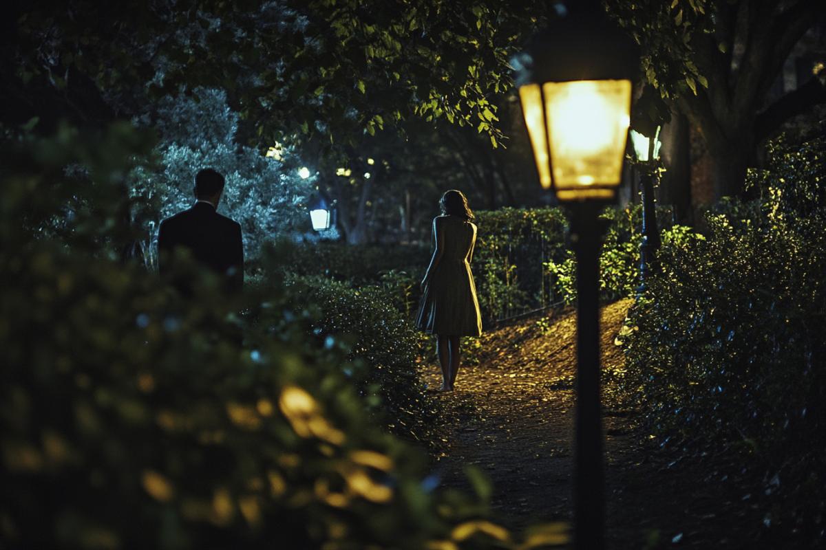 The maniac watching a girl from the bushes in the park at night. The foreground is a man peering out of the bushes. The background is the girl from the back in the dress goes through the park. Night. A broken lantern