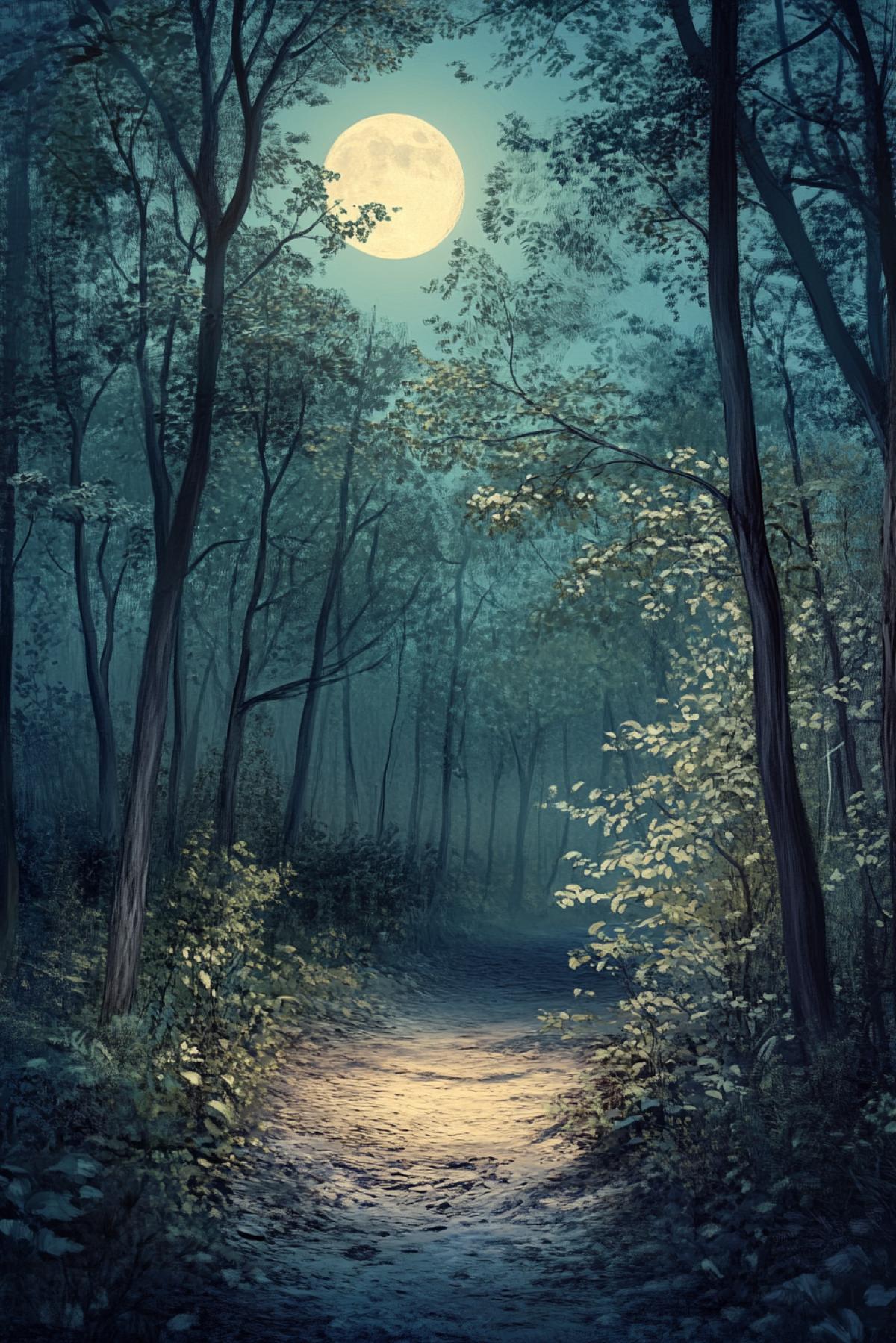 Night Forest, through the trees, lighting from the moon illuminates the path