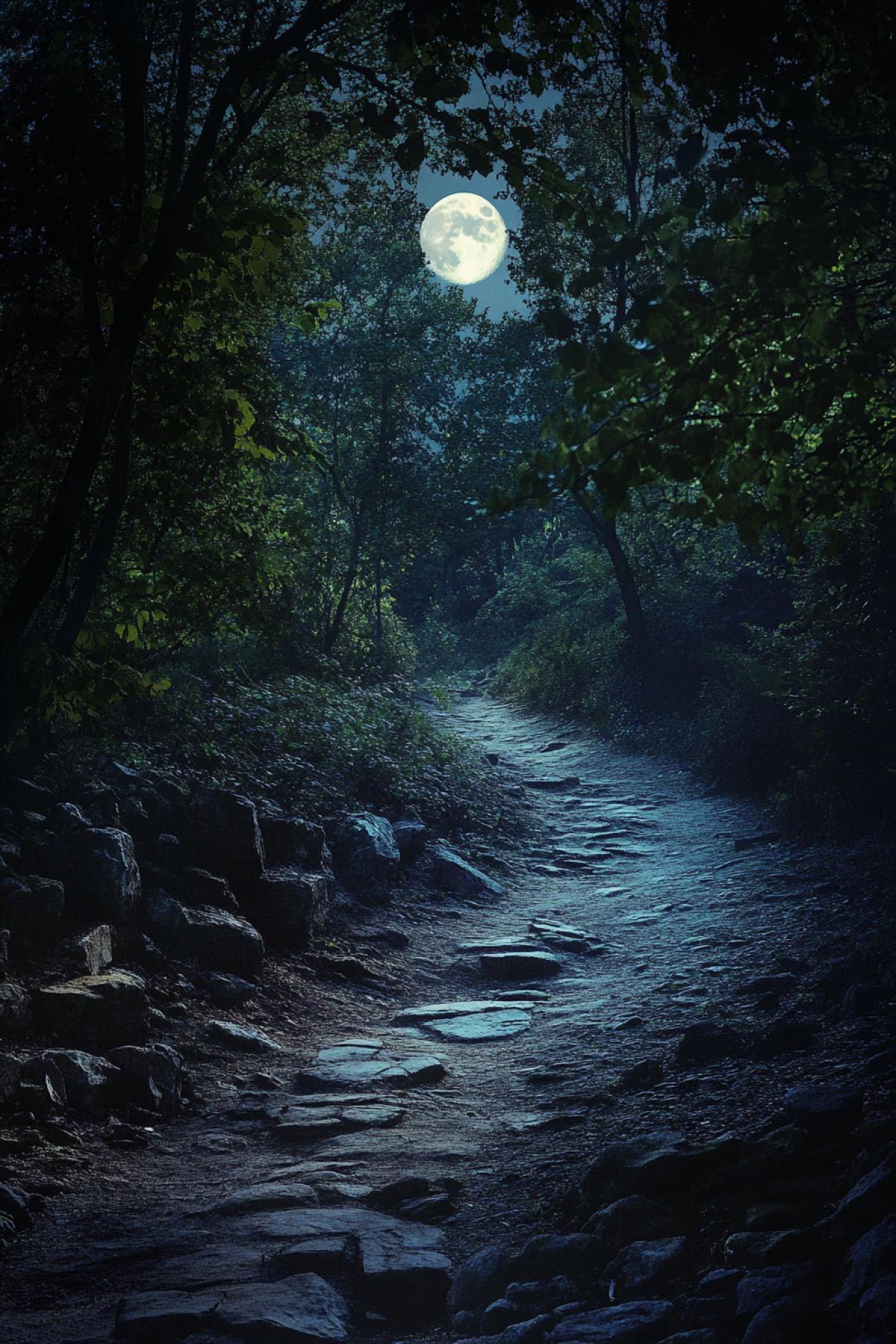 Night Forest, through the trees, lighting from the moon illuminates the path