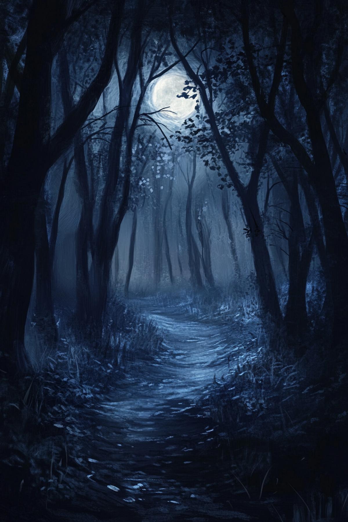Night Forest, through the trees, lighting from the moon illuminates the path