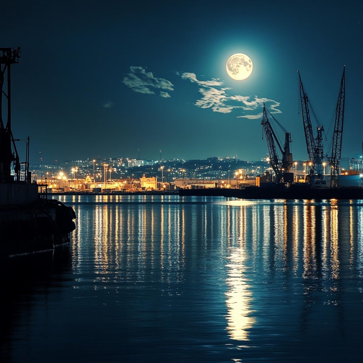 Night in the seaport. Moonlight, reflection in water. Lighting city in the background