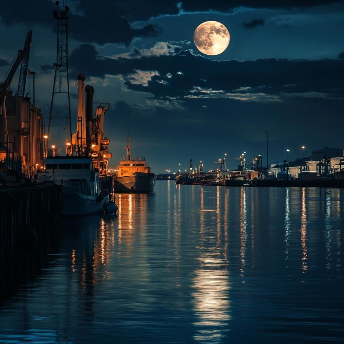 Night in the seaport.  Moonlight, reflection in water. 