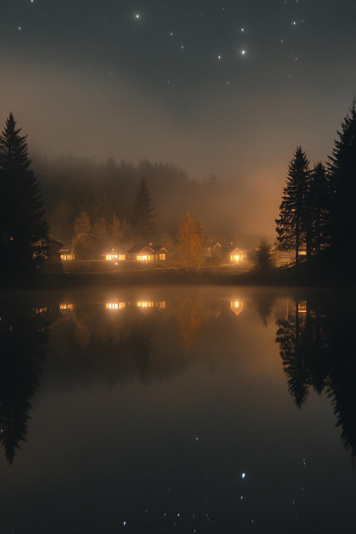 Starry sky, fog, light from lanterns on the village