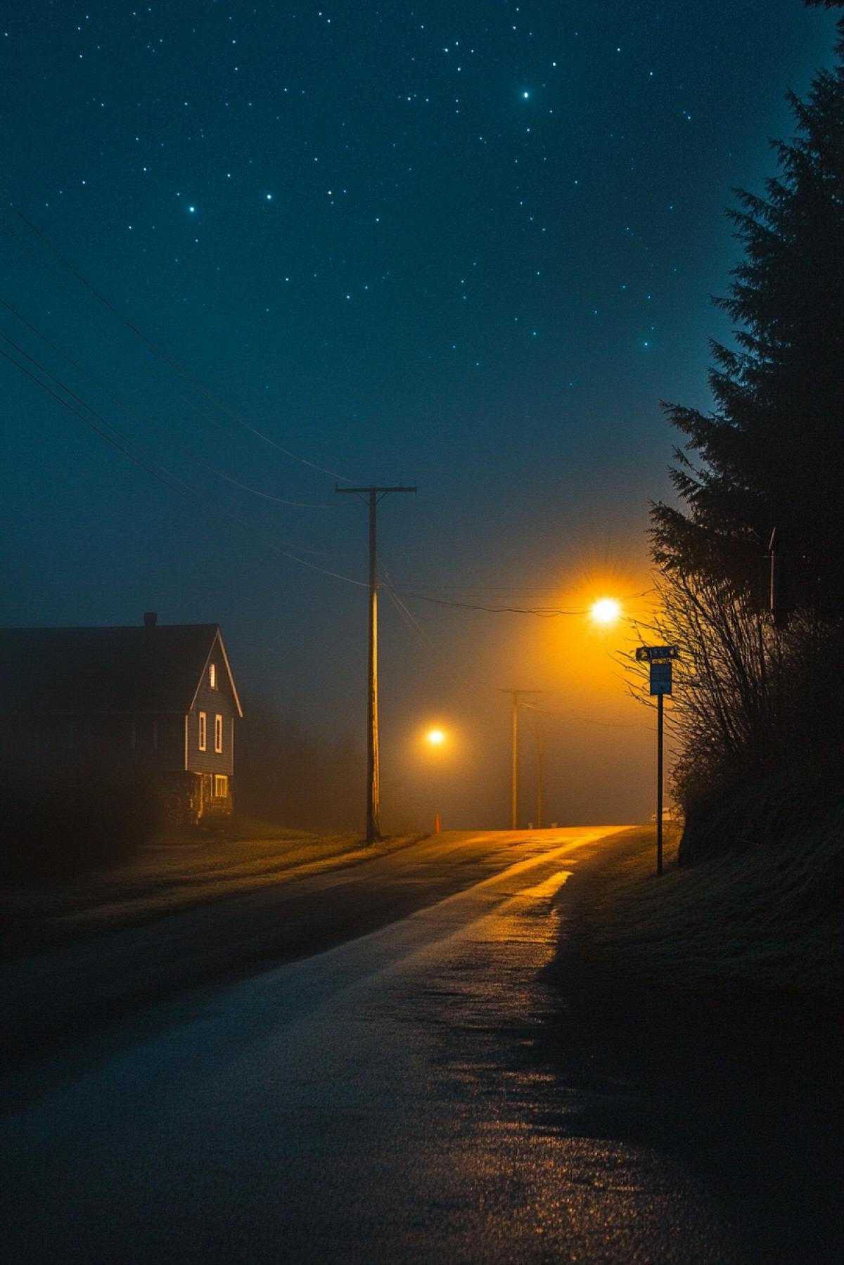 The village at night, fog, stars shine brightly, street lamps shine along the road